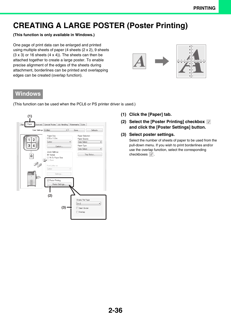 Creating a large poster (poster, Printing) -36, Creating a large poster (poster printing) | Windows | Sony MX-C400P User Manual | Page 115 / 257