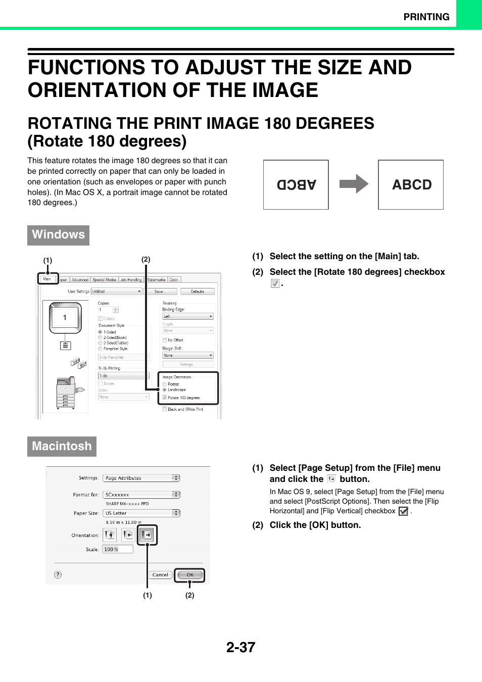 Rotating the print image 180, Degrees (rotate 180 degrees) -37, Ge 2-37) | Rotating the print image 180 degrees (rotate 180, Degrees), Age 2-37), E 2-37, Abcd, Windows, Macintosh | Sony MX-C400P User Manual | Page 116 / 257