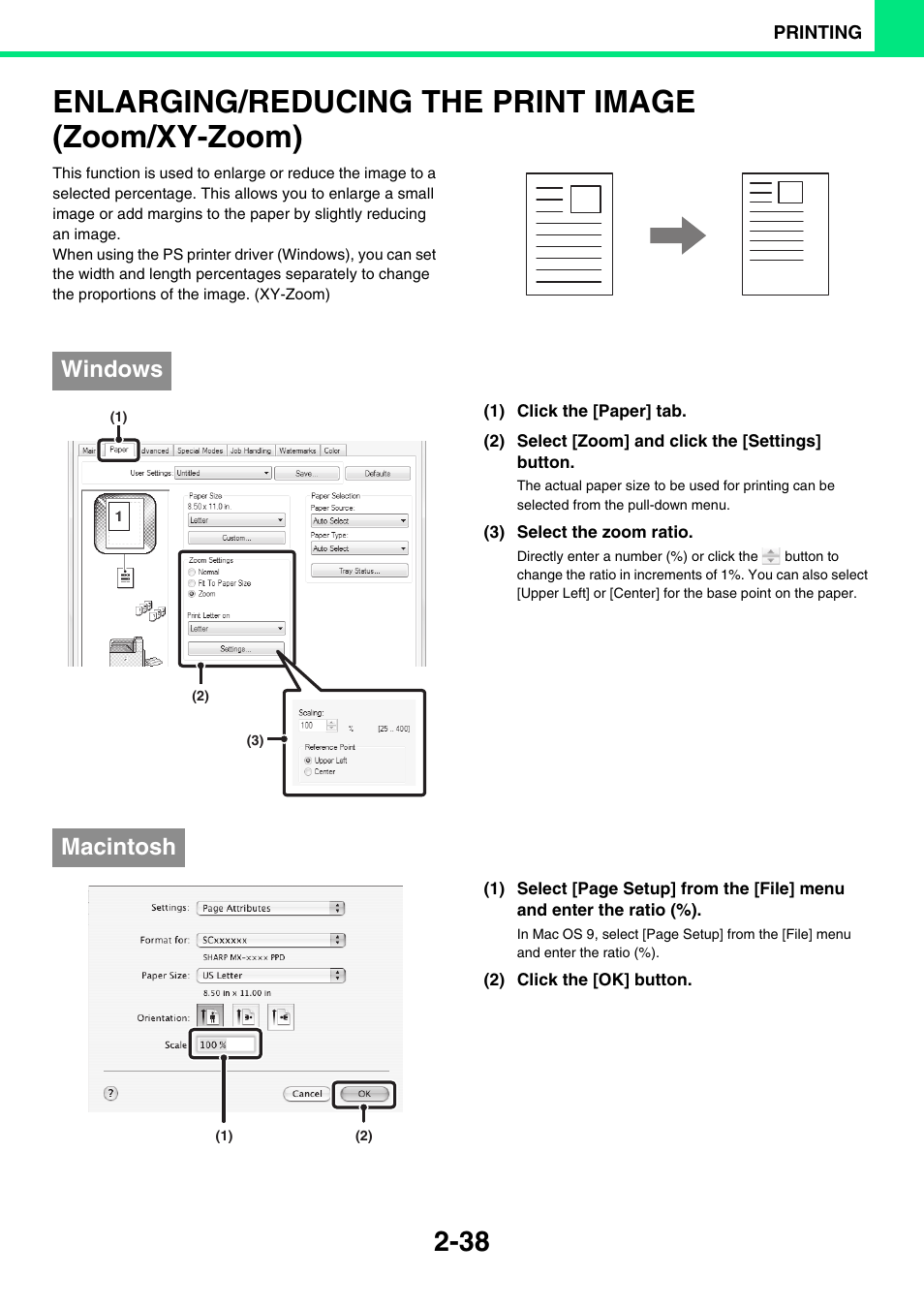 Enlarging/reducing the print, Image (zoom/xy-zoom) -38, Enlarging/reducing the print image (zoom/xy-zoom) | Windows, Macintosh | Sony MX-C400P User Manual | Page 117 / 257