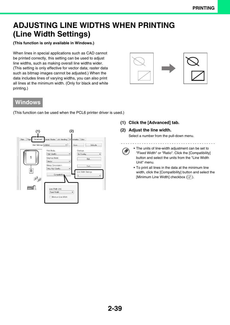 Adjusting line widths when, Printing (line width settings) -39, Windows | Sony MX-C400P User Manual | Page 118 / 257