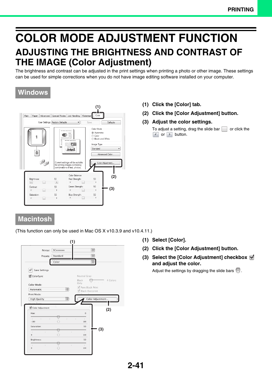 Color mode adjustment function -41, Adjusting the brightness and, Contrast of the image (color adjustment) -41 | Color mode adjustment function, Windows, Macintosh | Sony MX-C400P User Manual | Page 120 / 257