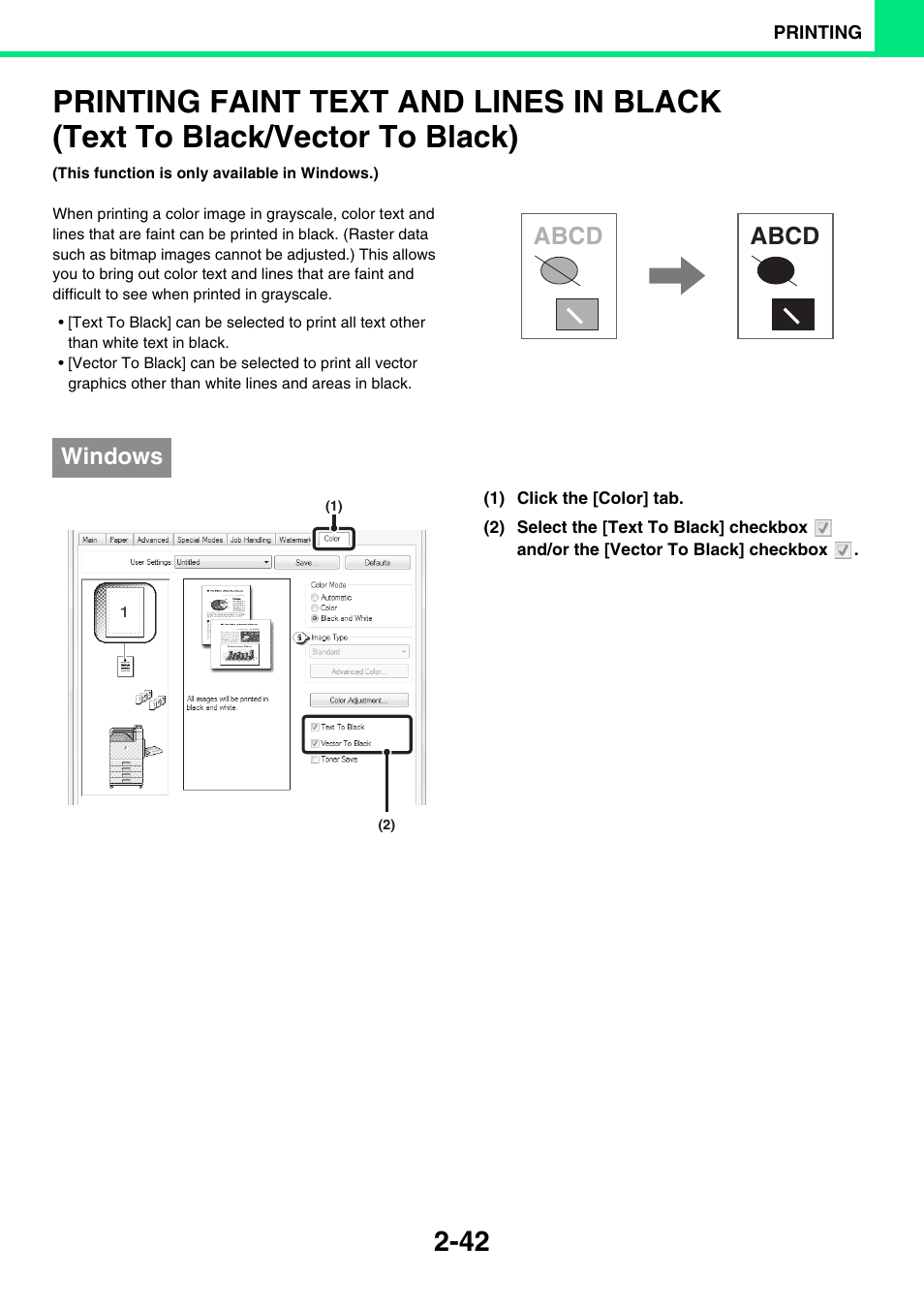 Printing faint text and lines in, Black (text to black/vector to black) -42, Abcd | Abcd windows | Sony MX-C400P User Manual | Page 121 / 257