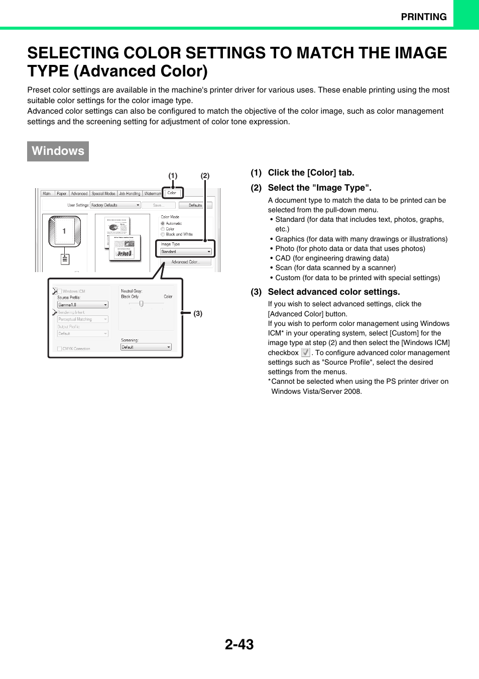 Selecting color settings to, Match the image type (advanced color) -43, Windows | Sony MX-C400P User Manual | Page 122 / 257