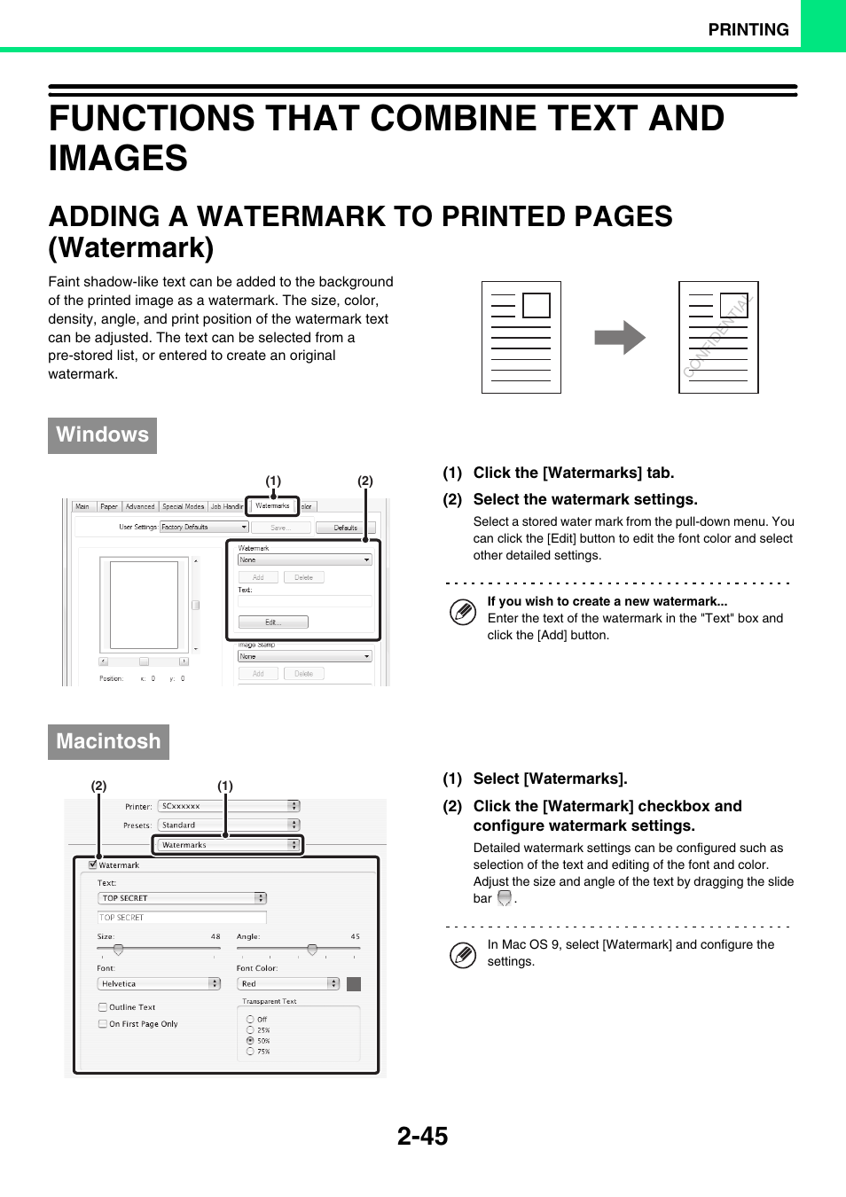 Functions that combine text and images -45, Adding a watermark to printed, Functions that combine text and images | E 2-45, Adding a watermark to printed pages (watermark), Windows, Macintosh | Sony MX-C400P User Manual | Page 124 / 257