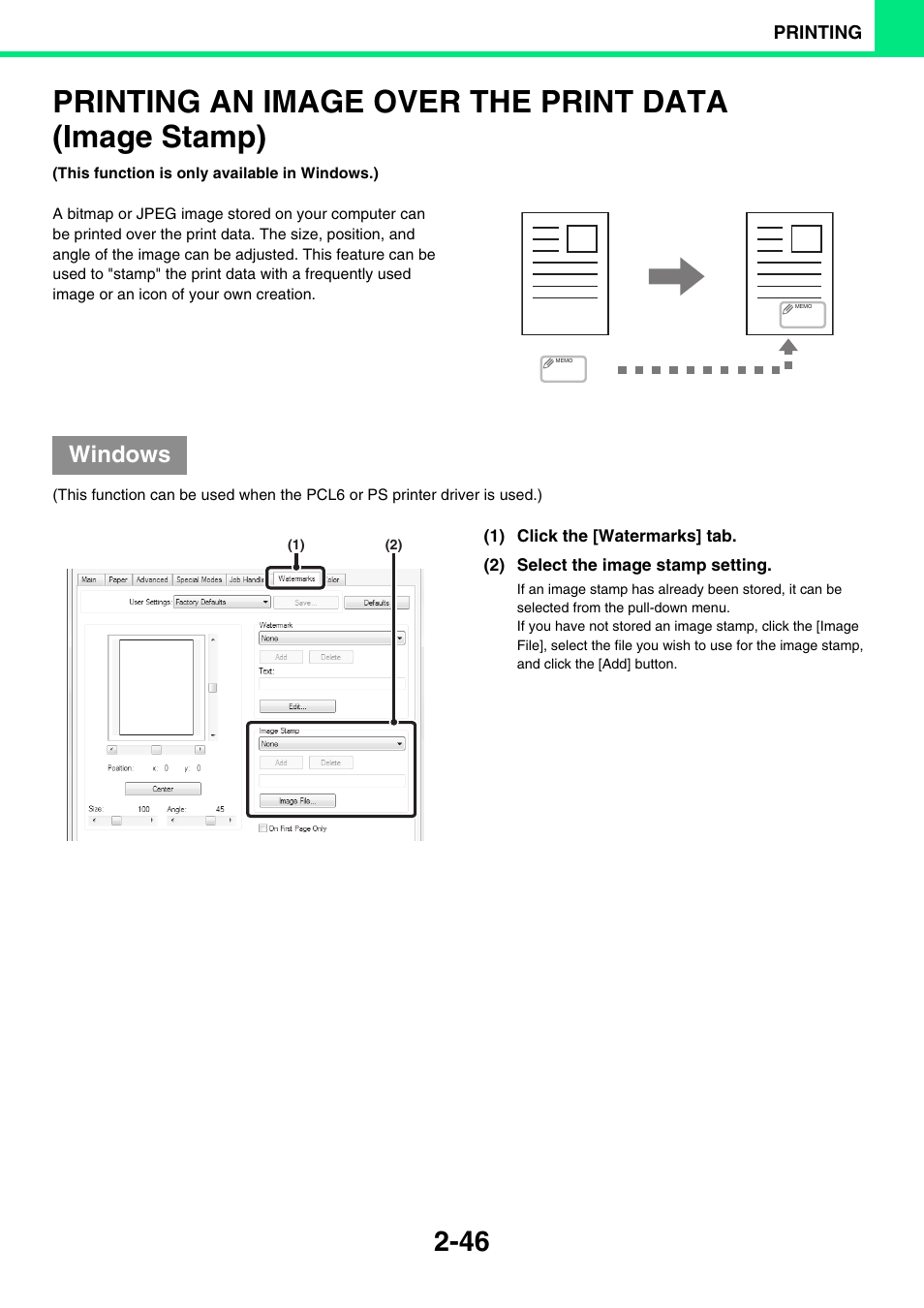 Printing an image over the print, Data (image stamp) -46, Windows | Sony MX-C400P User Manual | Page 125 / 257