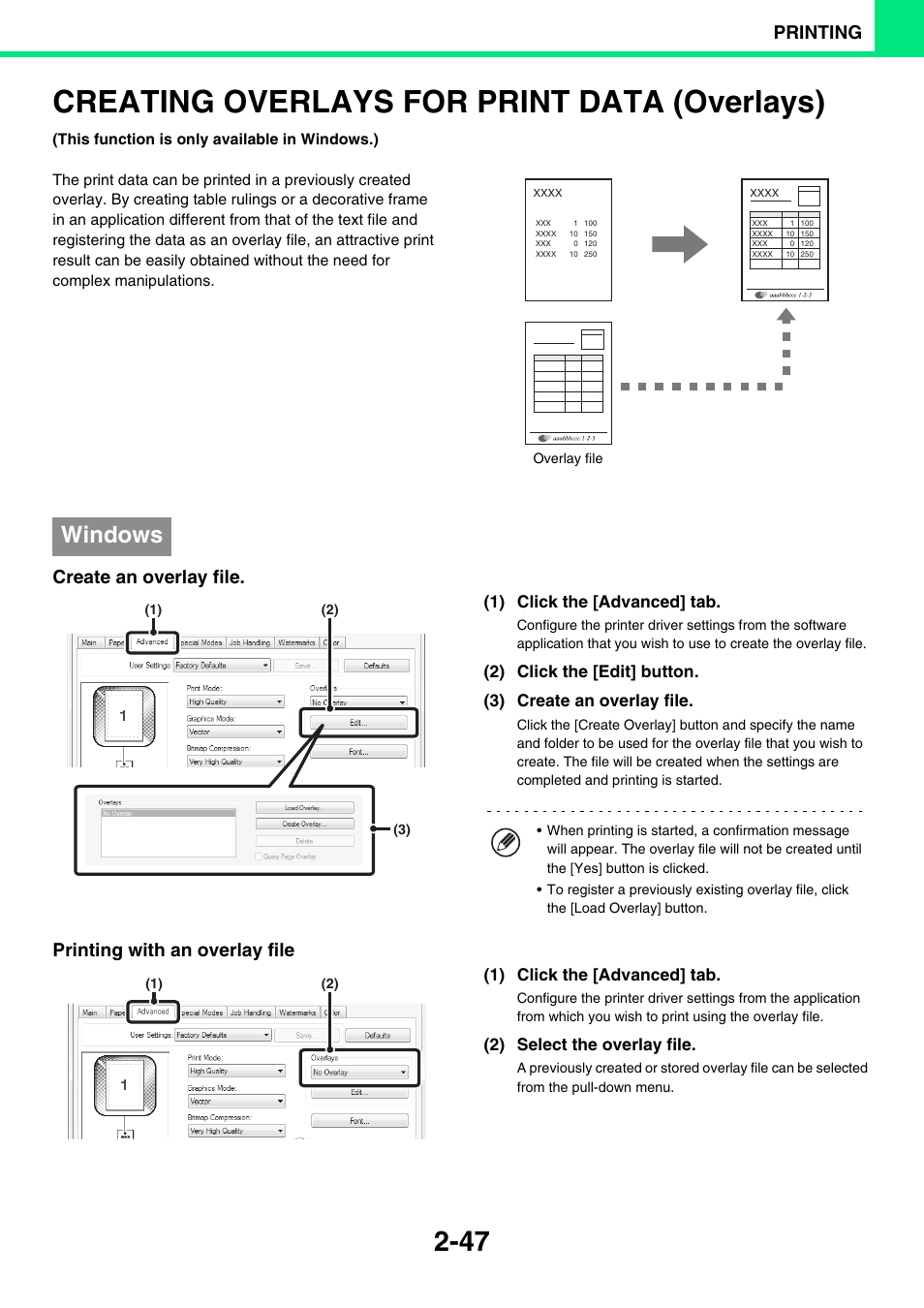 Creating overlays for print, Data (overlays) -47, Creating overlays for print data (overlays) | Windows, Printing, Create an overlay file, Printing with an overlay file, 1) click the [advanced] tab, 2) select the overlay file | Sony MX-C400P User Manual | Page 126 / 257