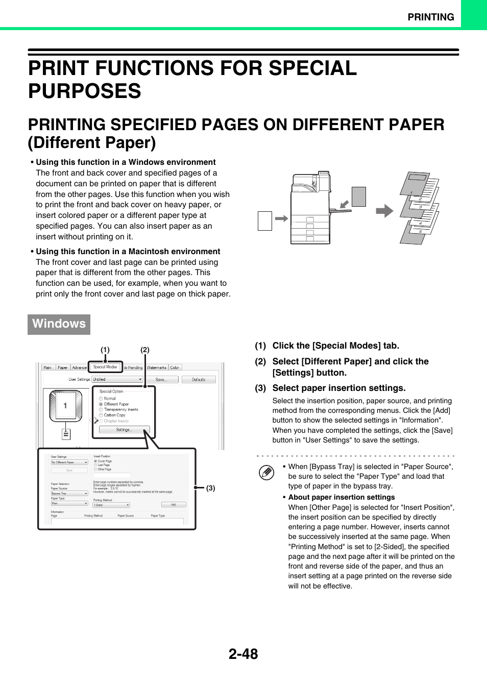 Print functions for special purposes -48, Different paper (different paper) -48, Print functions for special purposes | E 2-48, Windows | Sony MX-C400P User Manual | Page 127 / 257