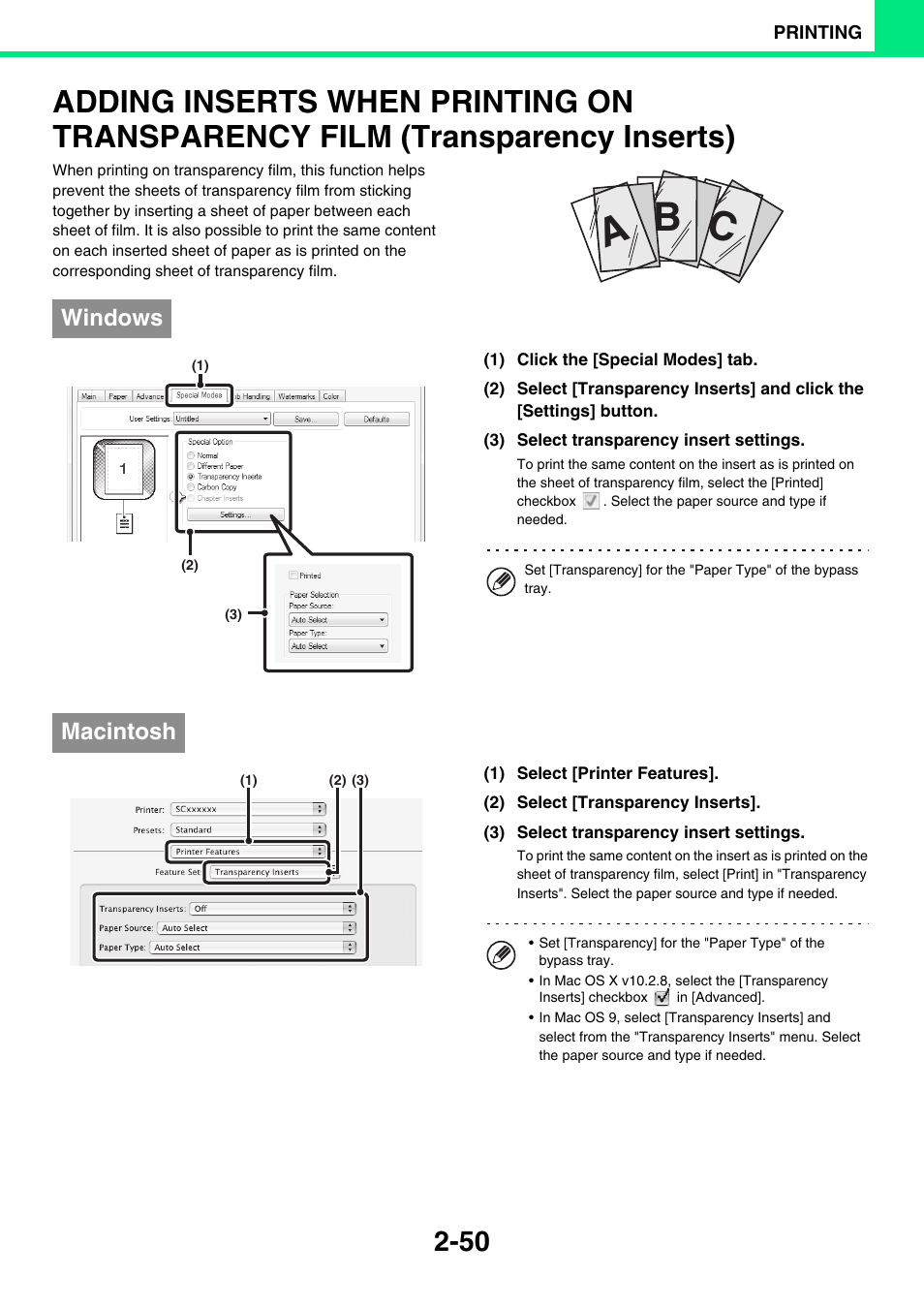 Adding inserts when printing on, Transparency film (transparency inserts) -50, Cb a | Windows, Macintosh | Sony MX-C400P User Manual | Page 129 / 257