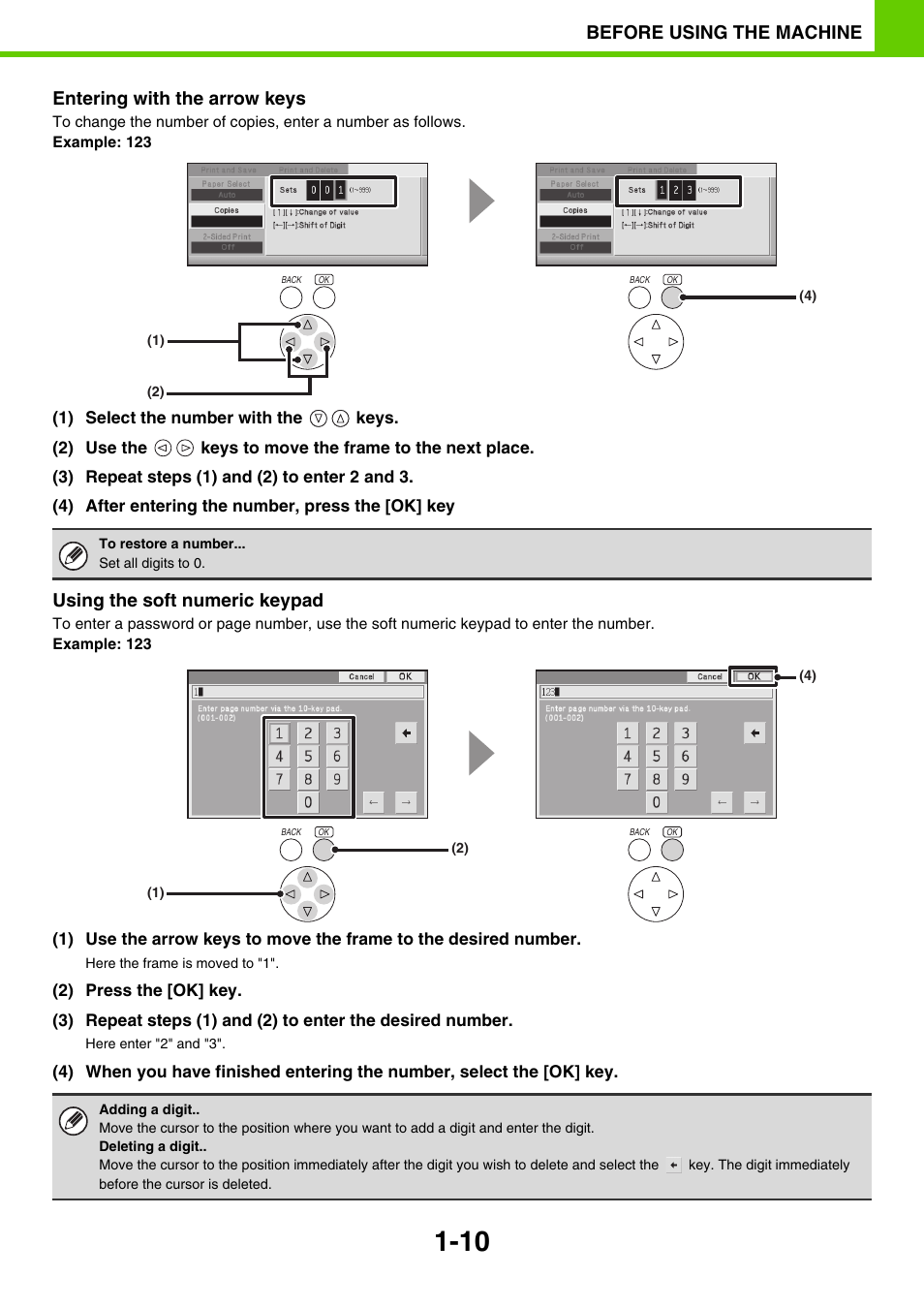 Entering with the arrow keys, Using the soft numeric keypad, E 1-10 | Sony MX-C400P User Manual | Page 13 / 257