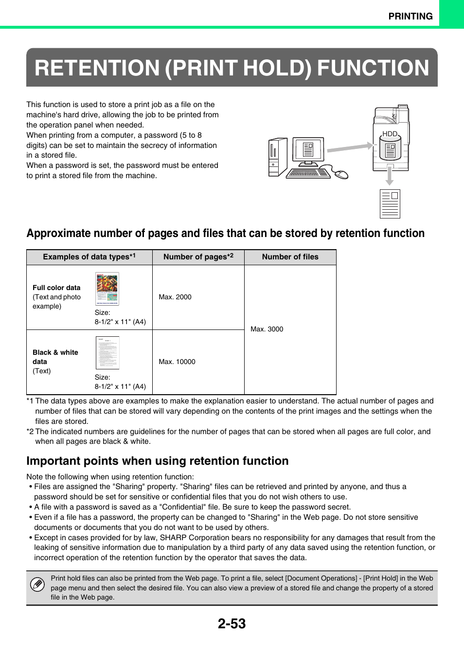 Retention (print hold) function, Important points when using retention function | Sony MX-C400P User Manual | Page 132 / 257