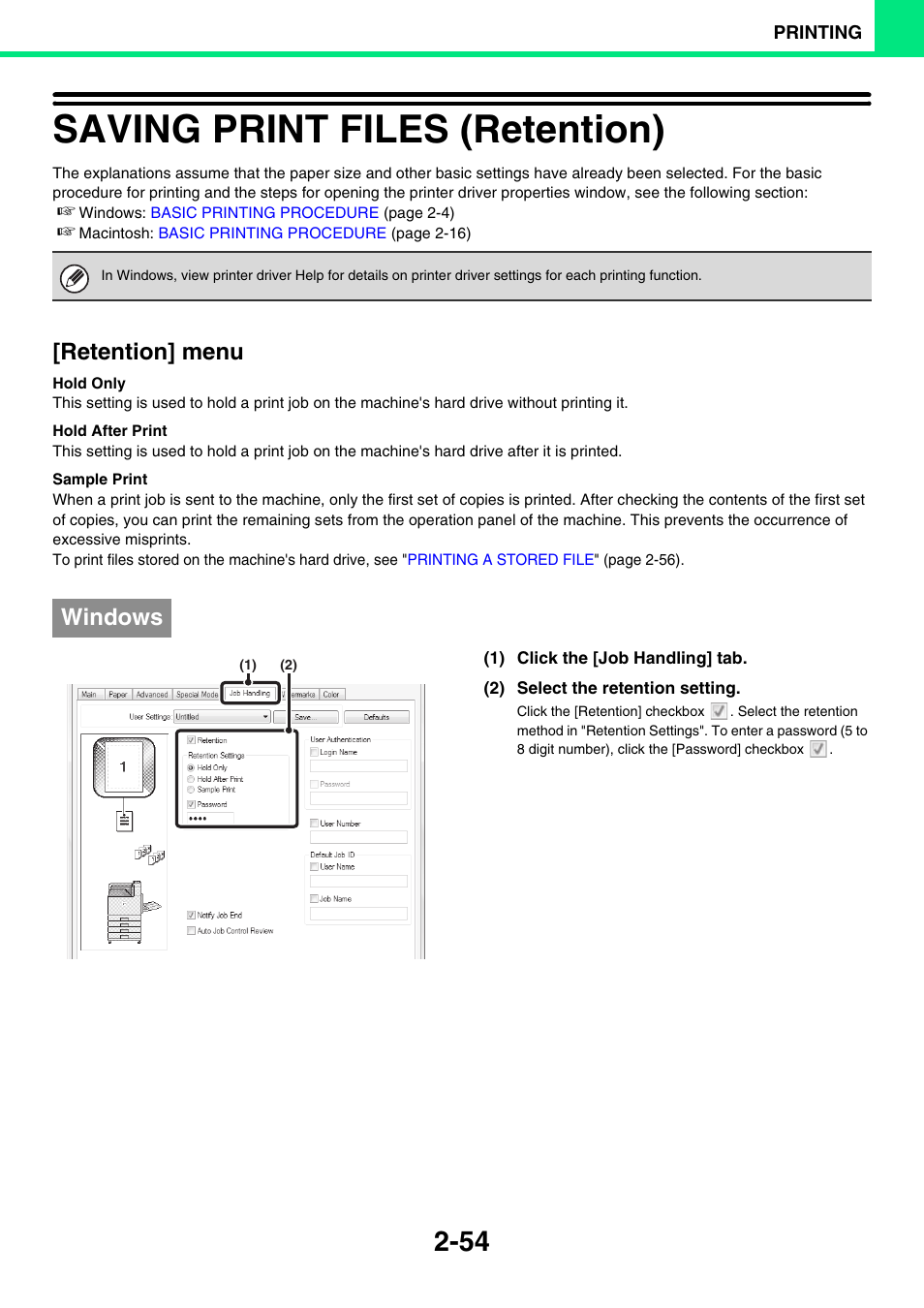 Saving print files (retention) -54, Saving print files (retention), Retention] menu | Windows | Sony MX-C400P User Manual | Page 133 / 257