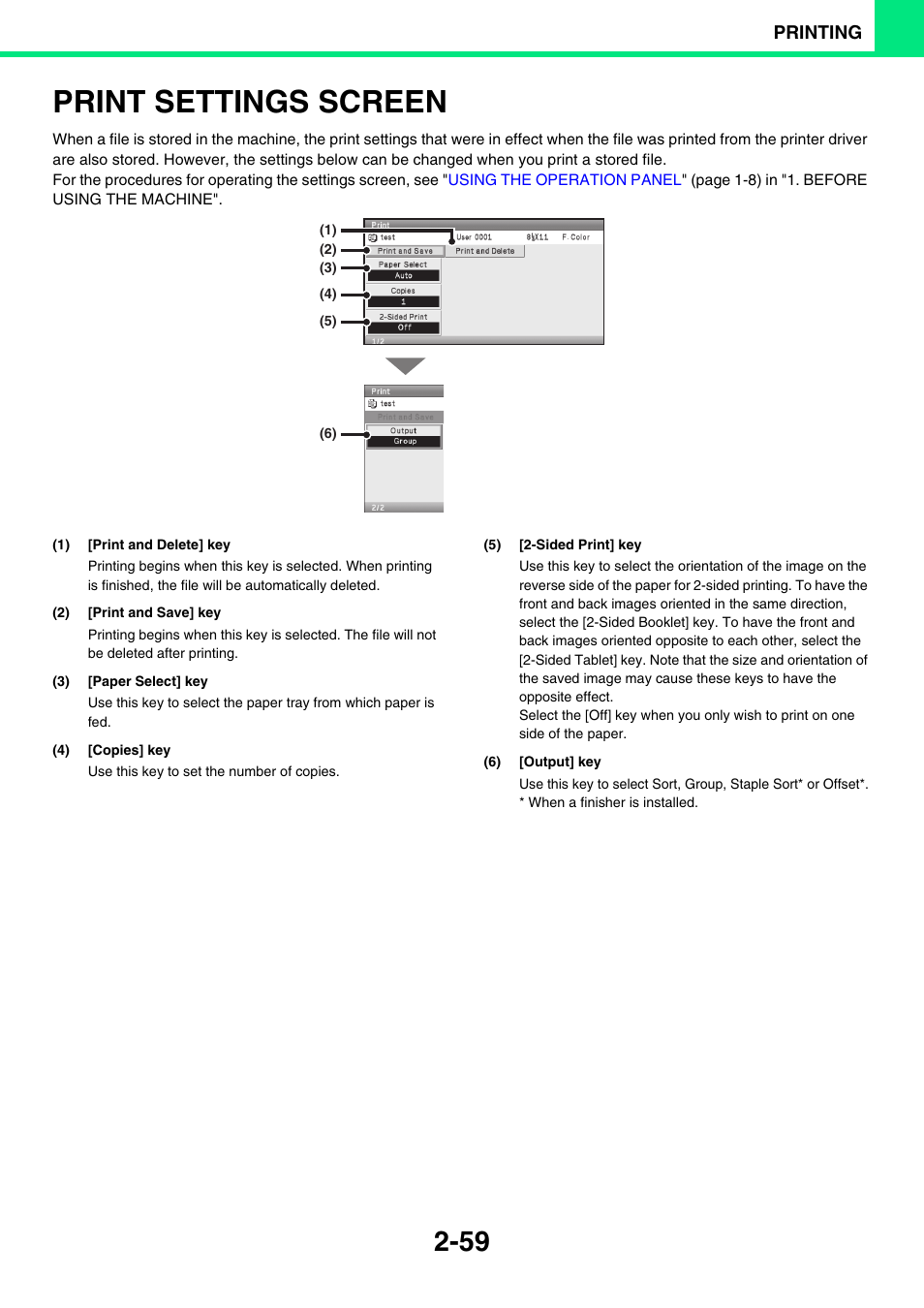 Print settings screen -59, Print settings screen, Printing | Sony MX-C400P User Manual | Page 138 / 257