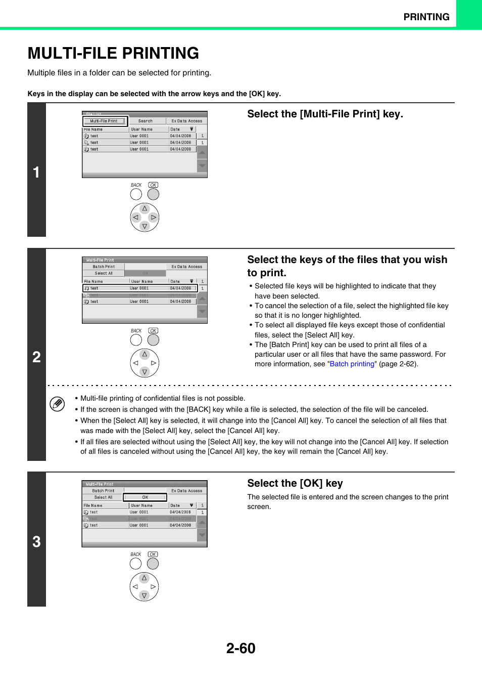 Multi-file printing -60, Multi-file printing, Select the [multi-file print] key | Select the [ok] key | Sony MX-C400P User Manual | Page 139 / 257