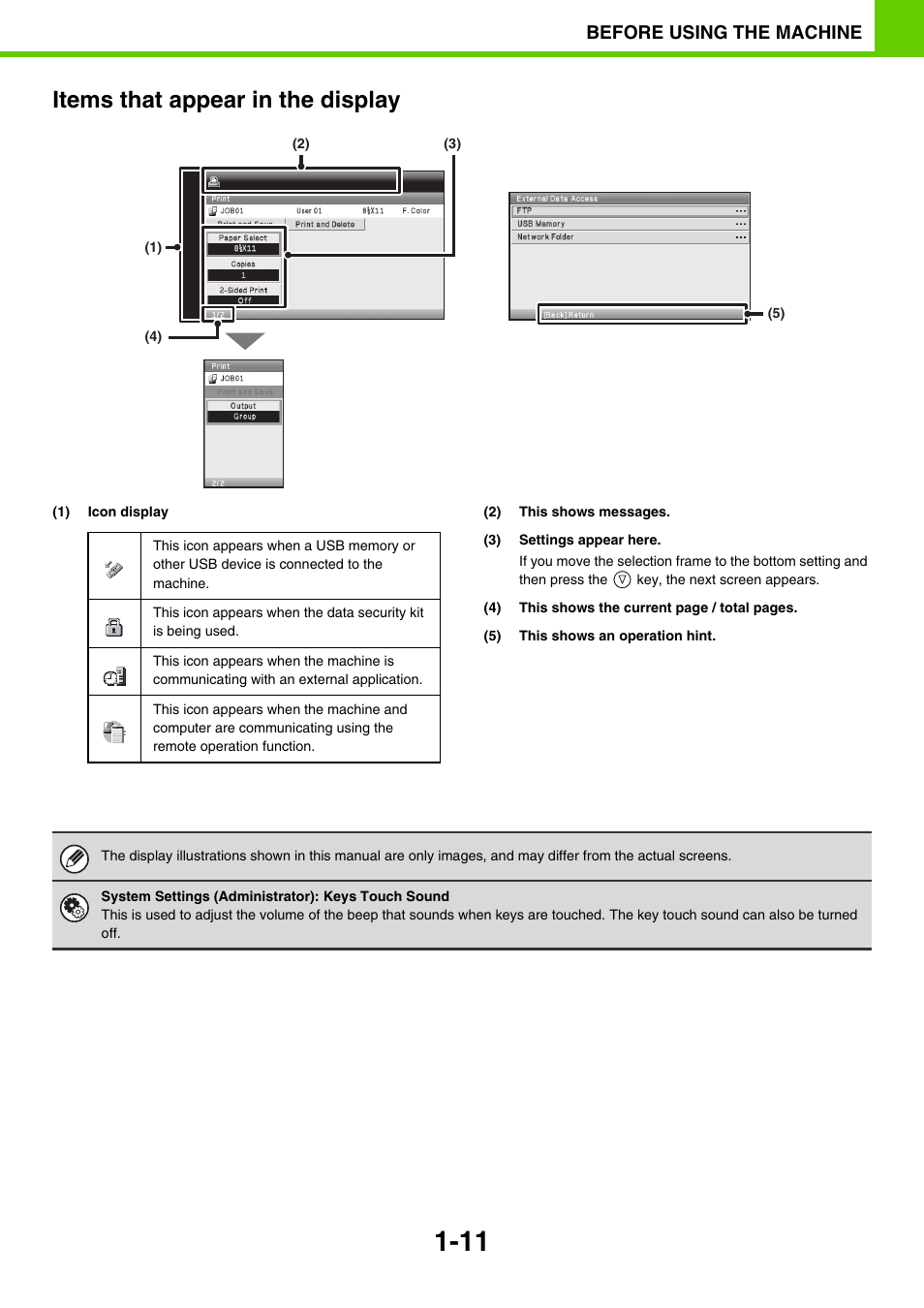 Items that appear in the display, Before using the machine | Sony MX-C400P User Manual | Page 14 / 257