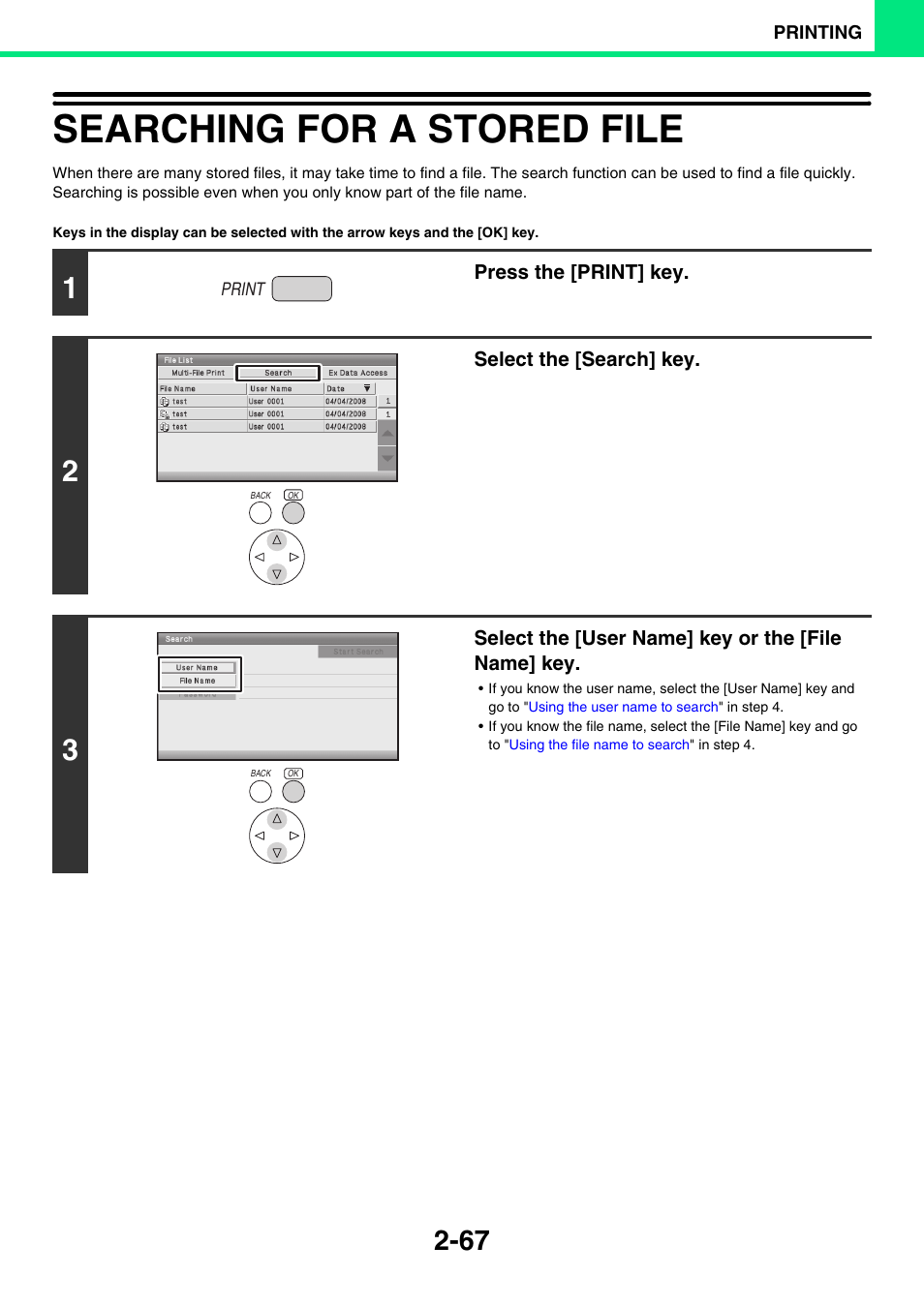 Searching for a stored file -67, Searching for a stored file | Sony MX-C400P User Manual | Page 146 / 257