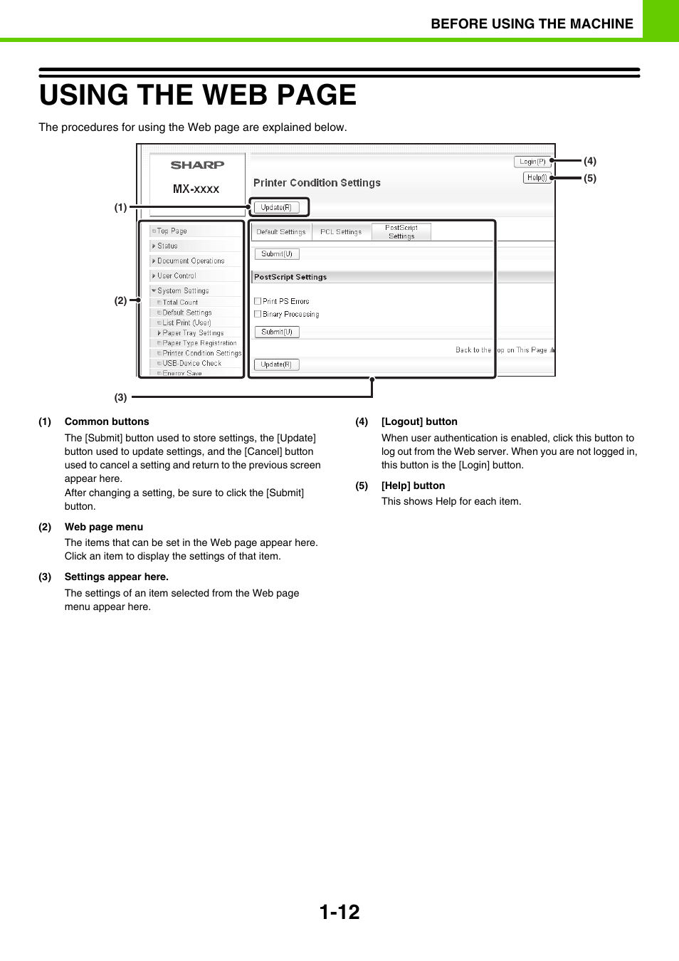 Using the web page | Sony MX-C400P User Manual | Page 15 / 257