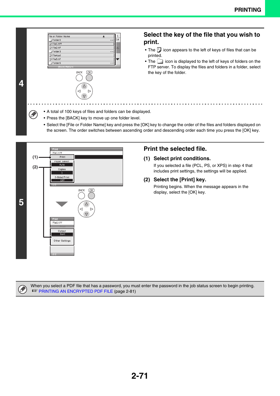 Select the key of the file that you wish to print, Print the selected file | Sony MX-C400P User Manual | Page 150 / 257