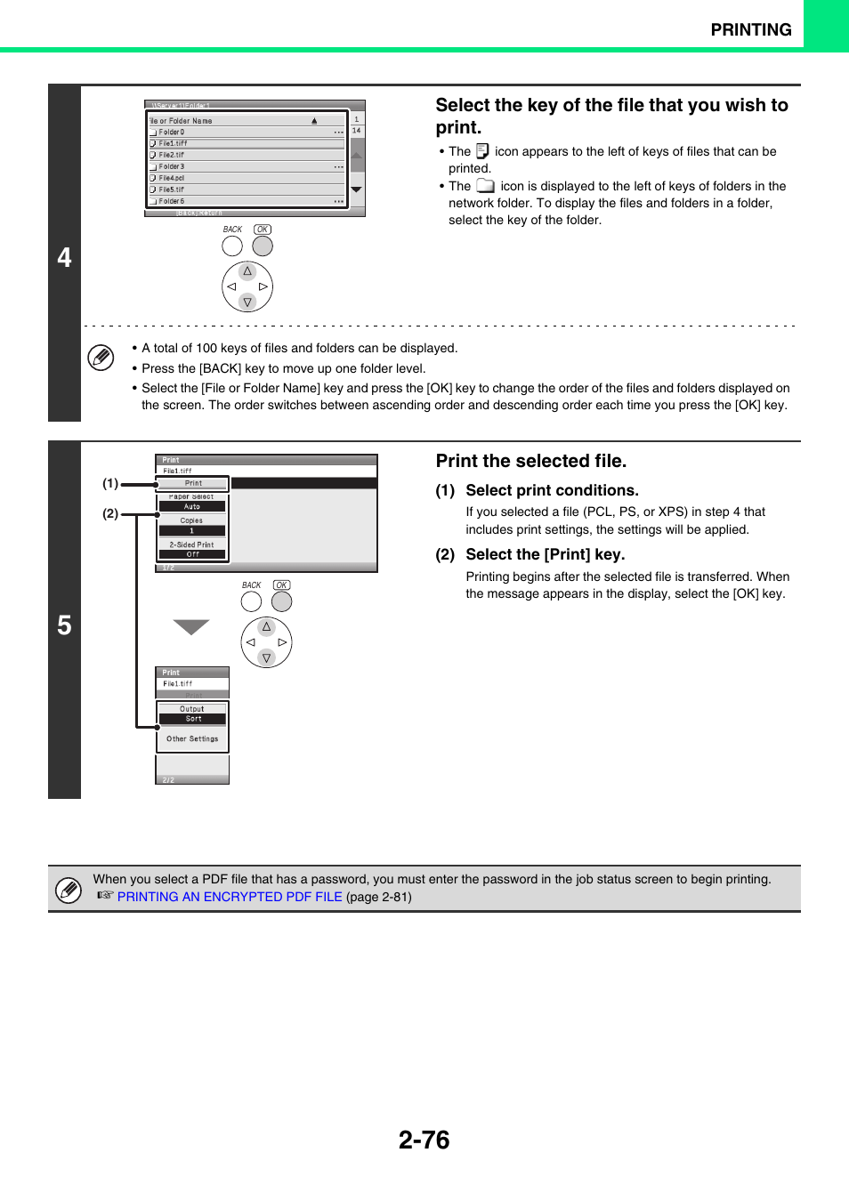 Select the key of the file that you wish to print, Print the selected file | Sony MX-C400P User Manual | Page 155 / 257