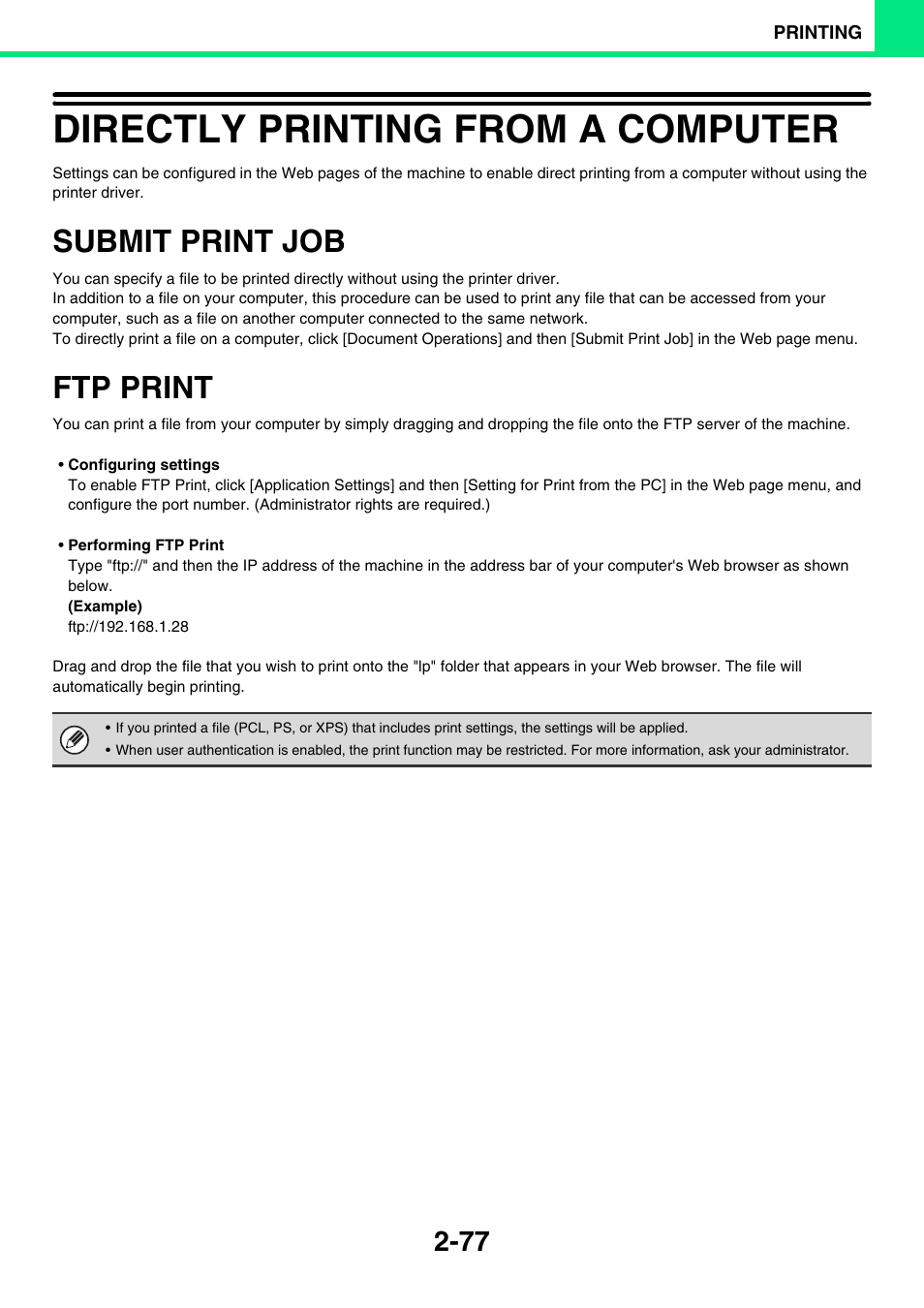 Directly printing from a computer -77, Submit print job -77, Ftp print -77 | Directly printing from a computer, Submit print job, Ftp print | Sony MX-C400P User Manual | Page 156 / 257