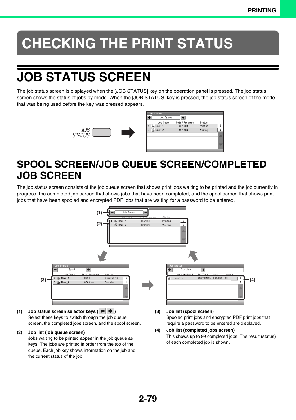 Checking the print status, Job status screen -79, Spool screen/job queue | Screen/completed job screen -79, Job status screen, Spool screen/job queue screen/completed job screen | Sony MX-C400P User Manual | Page 158 / 257