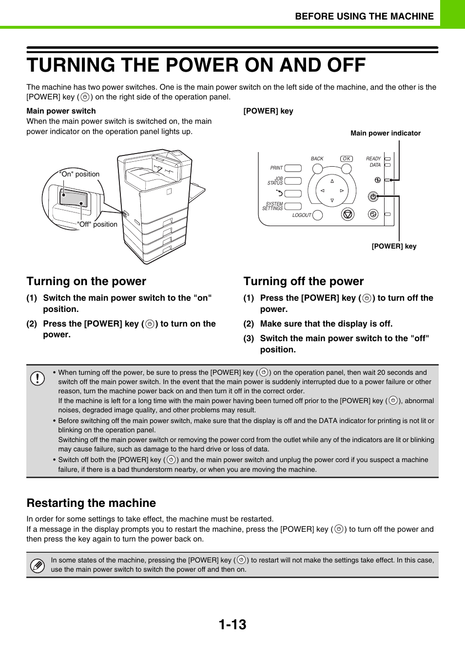 Turning the power on and off -13, Turning the power on and off, Age 1-13) | Turning on the power, Turning off the power, Restarting the machine, Before using the machine | Sony MX-C400P User Manual | Page 16 / 257