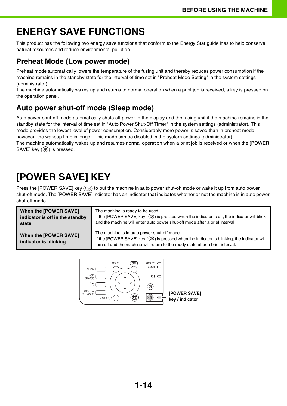 Energy save functions -14, Power save] key -14, Power save] key | E 1-14), Energy save functions, Preheat mode (low power mode), Auto power shut-off mode (sleep mode), Before using the machine | Sony MX-C400P User Manual | Page 17 / 257