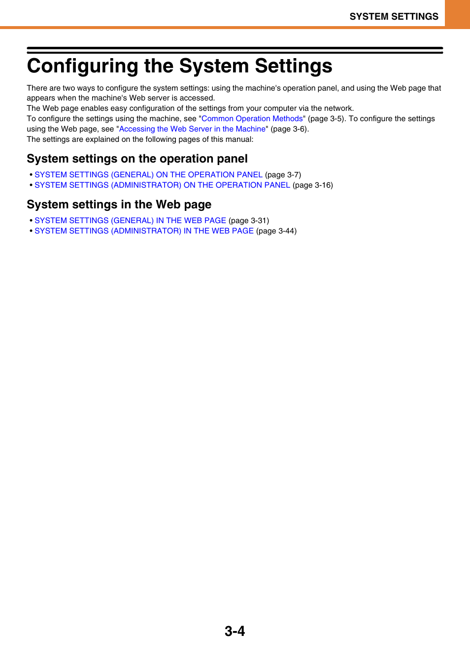 Configuring the system settings -4, Configuring the system settings, System settings on the operation panel | System settings in the web page | Sony MX-C400P User Manual | Page 172 / 257