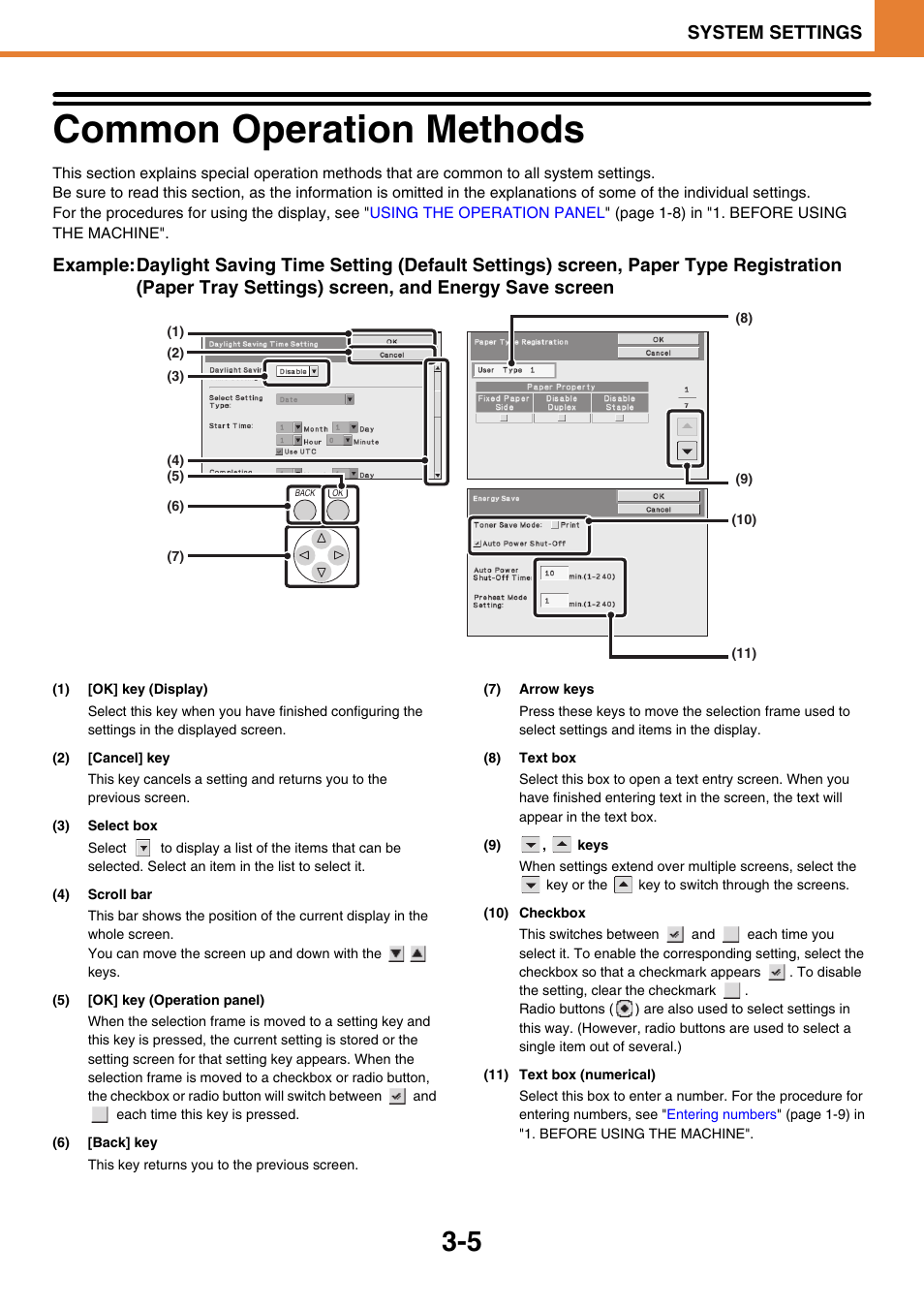 Common operation methods, Common operation methods -5, E 3-5) | System settings | Sony MX-C400P User Manual | Page 173 / 257