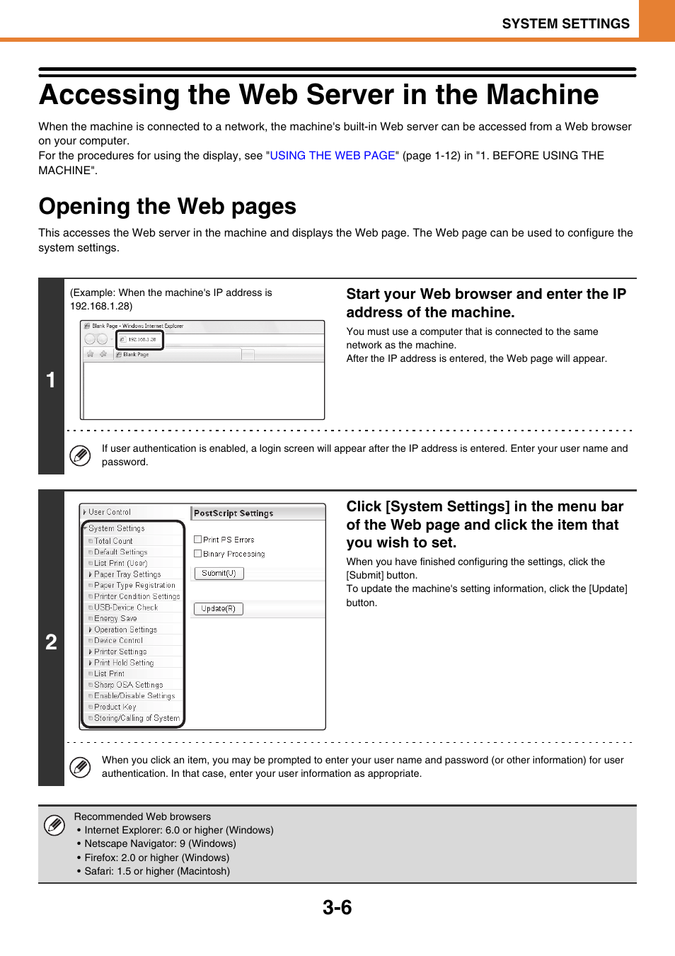 Accessing the web server in the machine -6, Accessing the web server in the machine, Ge 3-6) | Opening the web pages | Sony MX-C400P User Manual | Page 174 / 257