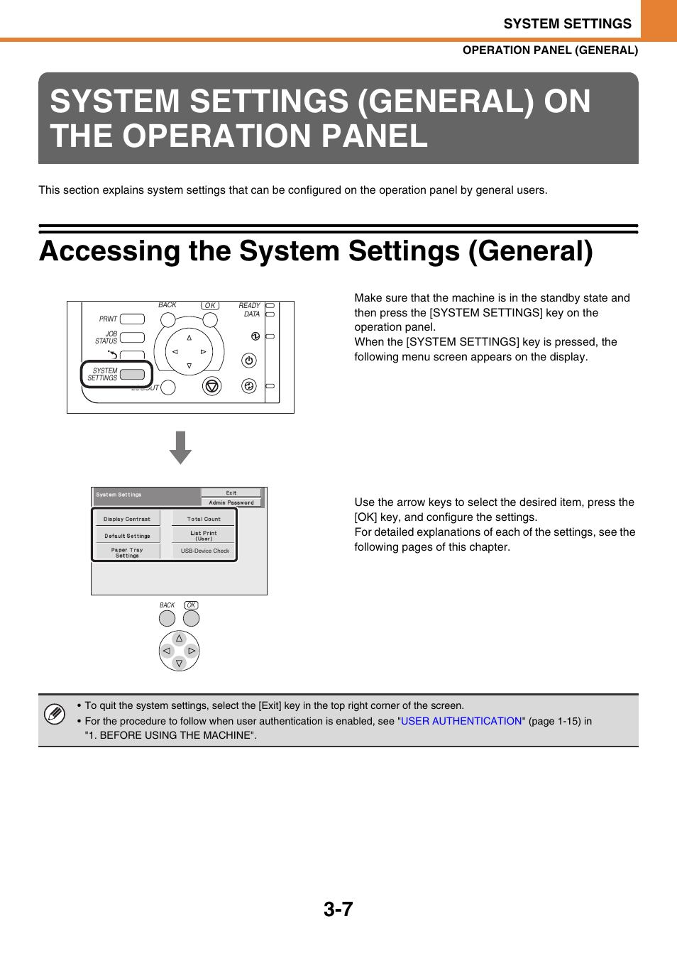 System settings (general) on the operation panel, Accessing the system settings (general) -7, System settings (general) | On the operation panel, Ge 3-7), Accessing the system settings (general), System settings | Sony MX-C400P User Manual | Page 175 / 257