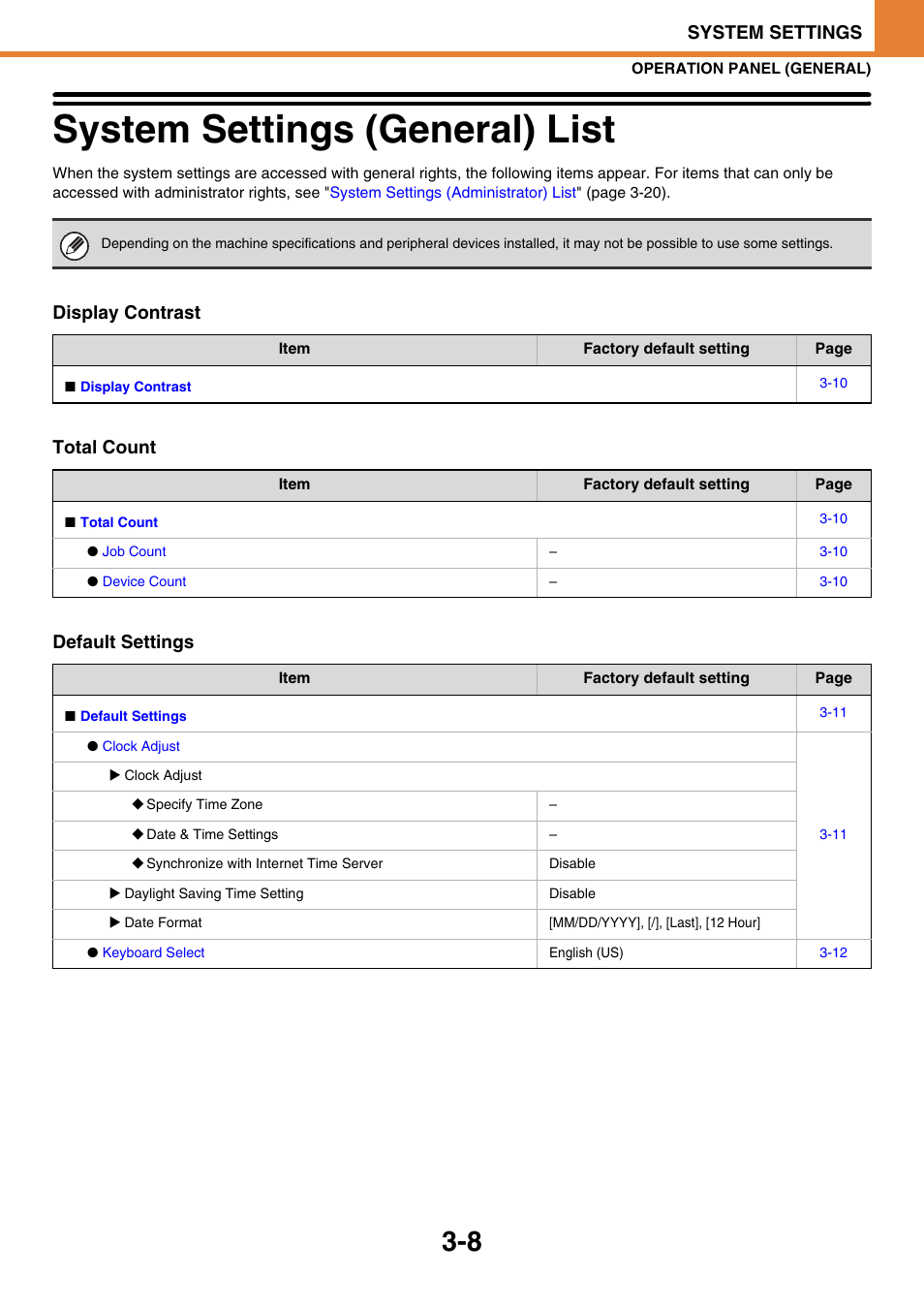 System settings (general) list, E 3-8), System settings (general) list -8 | System settings, Display contrast total count default settings | Sony MX-C400P User Manual | Page 176 / 257