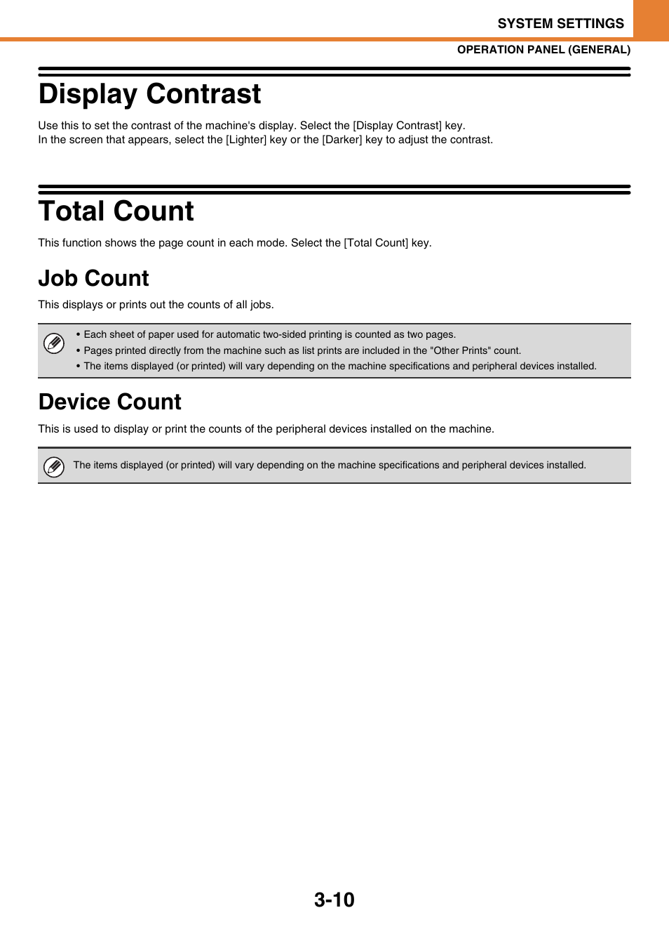 Display contrast -10, Total count -10, Job count -10 | Device count -10, Display contrast, Total count, Job count, Device count | Sony MX-C400P User Manual | Page 178 / 257