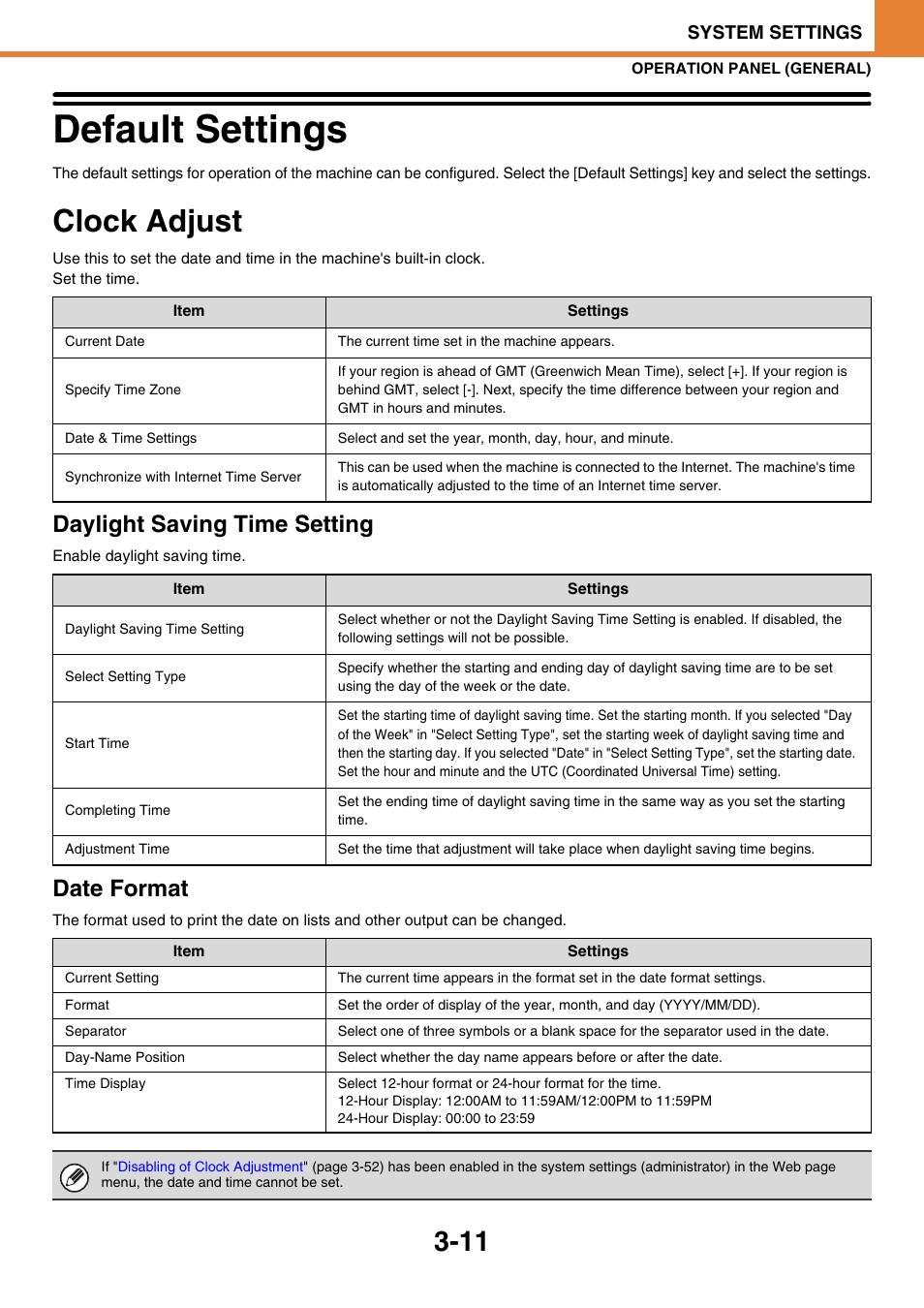 Default settings -11, Clock adjust -11, Default settings | Clock adjust, Daylight saving time setting, Date format | Sony MX-C400P User Manual | Page 179 / 257