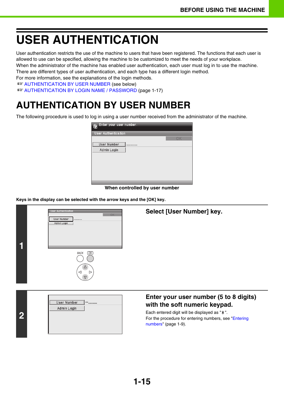 User authentication -15, Authentication by user number -15, User authentication | Authentication by user number | Sony MX-C400P User Manual | Page 18 / 257