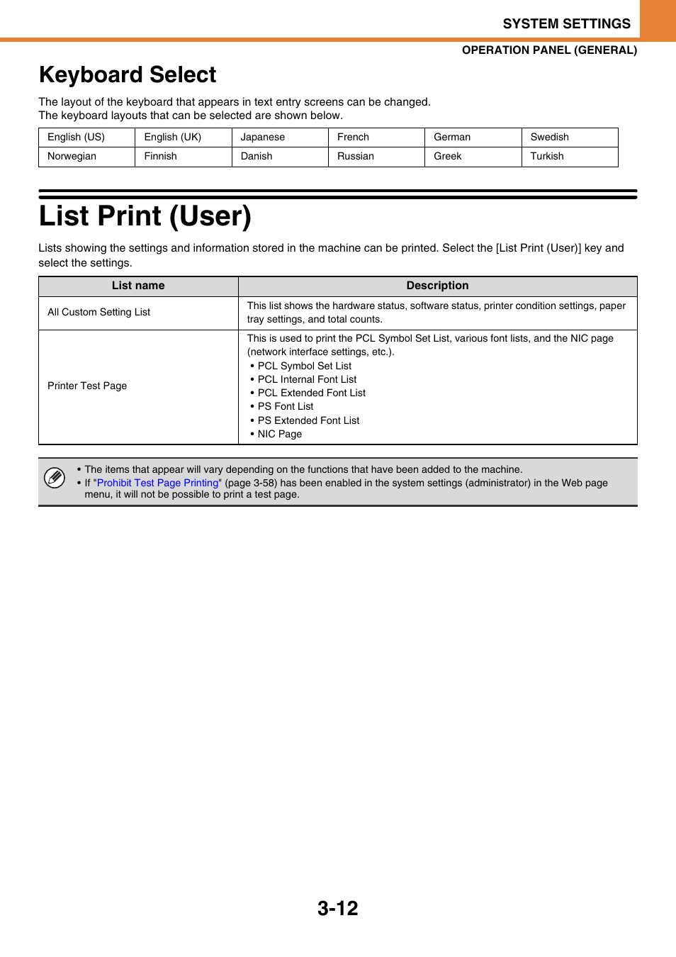 Keyboard select -12, List print (user) -12, Keyboard select | List print (user) | Sony MX-C400P User Manual | Page 180 / 257