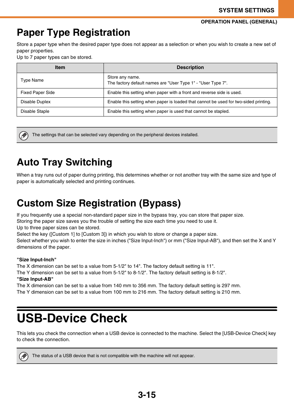 Paper type registration -15, Auto tray switching -15, Custom size registration (bypass) -15 | Usb-device check -15, Paper type registration, Auto tray switching, Custom size registration (bypass), Usb-device check, E 3-15) | Sony MX-C400P User Manual | Page 183 / 257