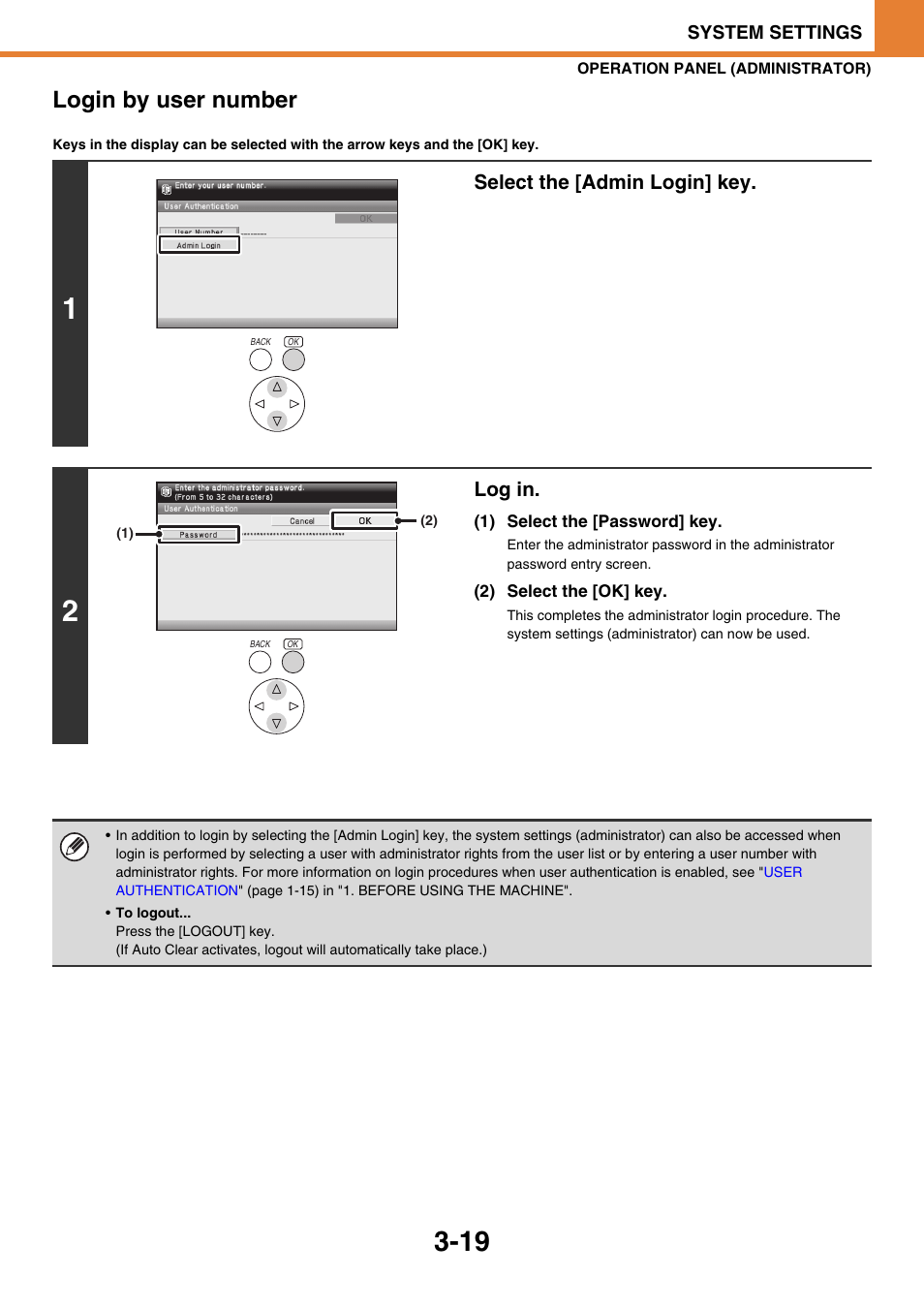 Login by user number, Select the [admin login] key, Log in | Sony MX-C400P User Manual | Page 187 / 257