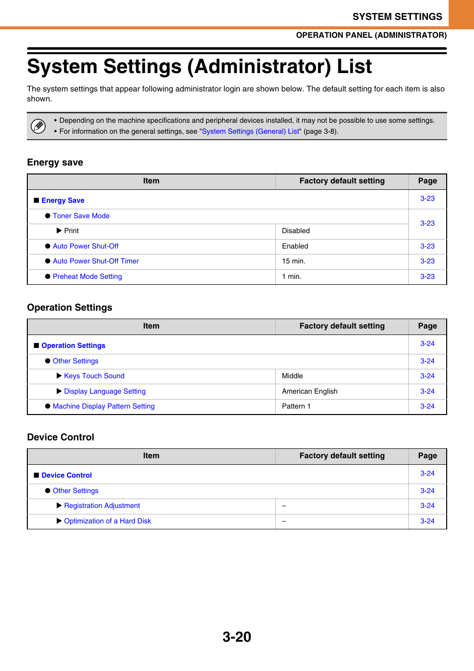 System settings (administrator) list, E 3-20), System settings (administrator) list -20 | System settings, Energy save operation settings device control | Sony MX-C400P User Manual | Page 188 / 257