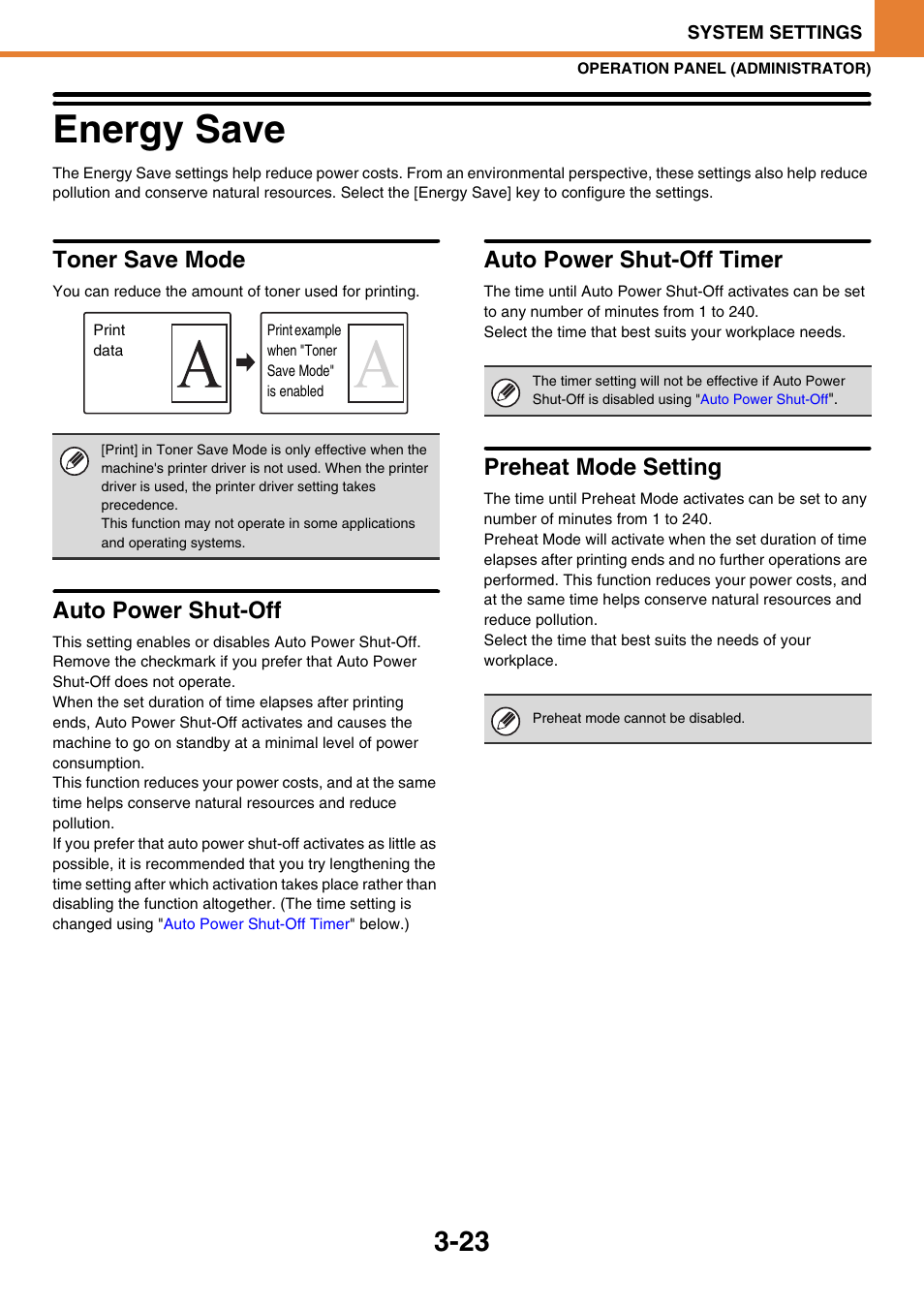 Energy save -23, Energy save, Toner save mode | Auto power shut-off, Auto power shut-off timer, Preheat mode setting | Sony MX-C400P User Manual | Page 191 / 257