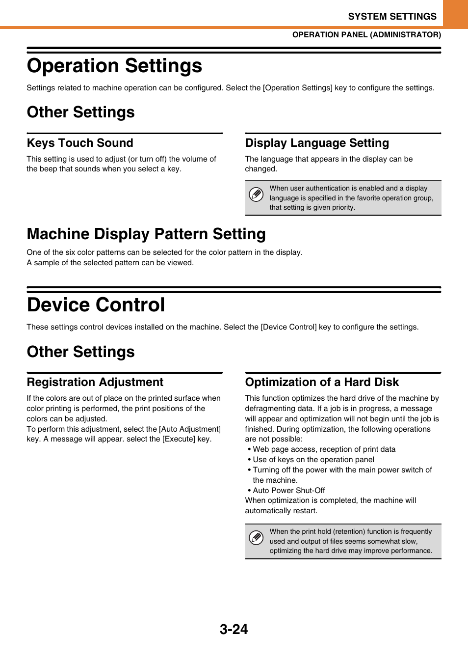 Operation settings -24, Other settings -24, Machine display pattern setting -24 | Device control -24, Operation settings, Other settings, Keys touch sound, Display language setting, Machine display pattern setting, Device control | Sony MX-C400P User Manual | Page 192 / 257