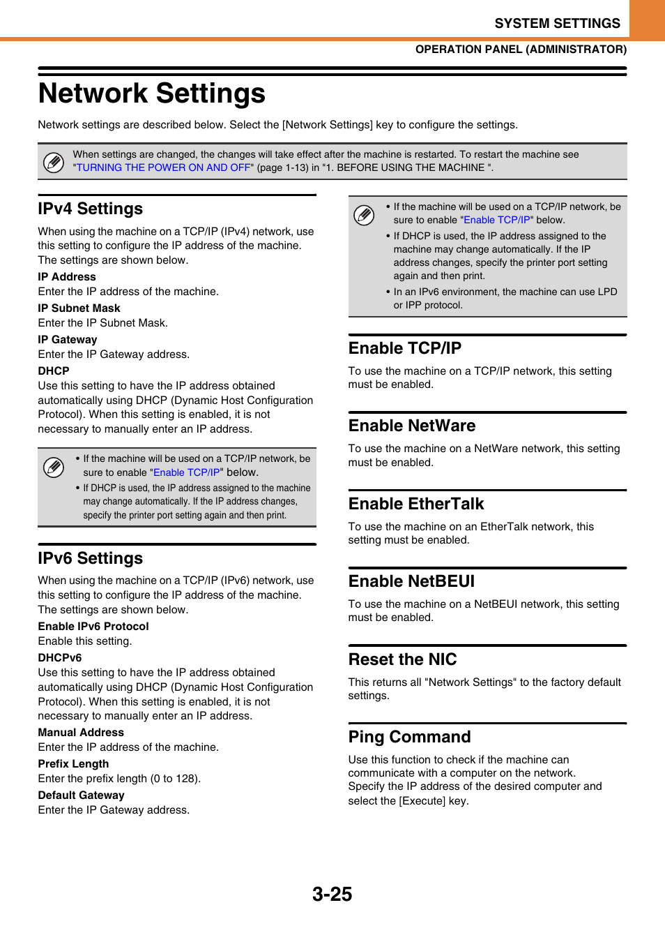 Network settings -25, Network settings, Ipv4 settings | Ipv6 settings, Enable tcp/ip, Enable netware, Enable ethertalk, Enable netbeui, Reset the nic, Ping command | Sony MX-C400P User Manual | Page 193 / 257