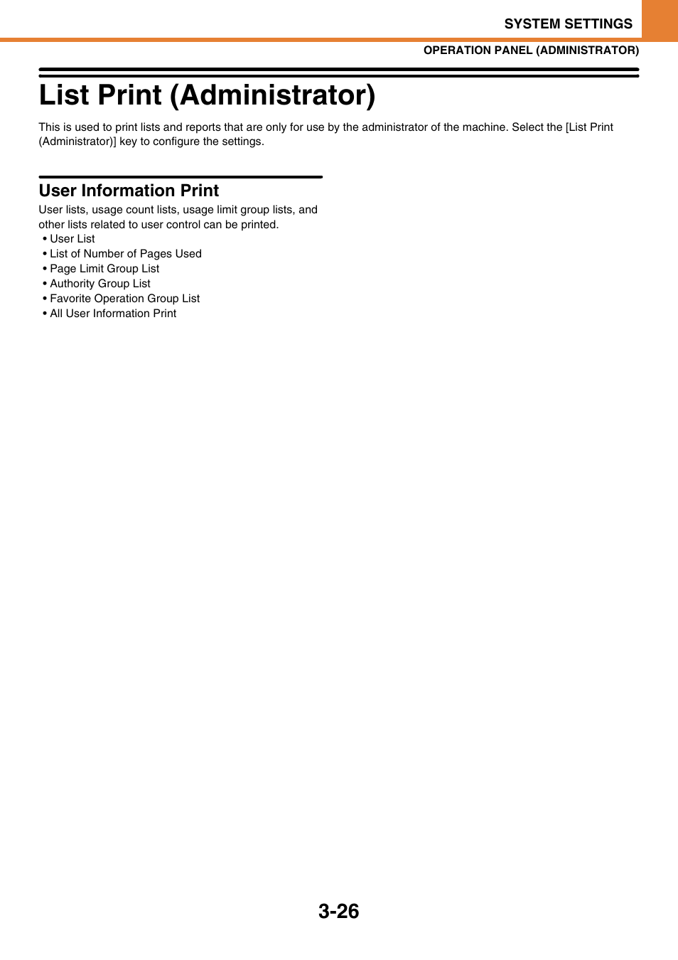 List print (administrator) -26, List print (administrator), User information print | Sony MX-C400P User Manual | Page 194 / 257