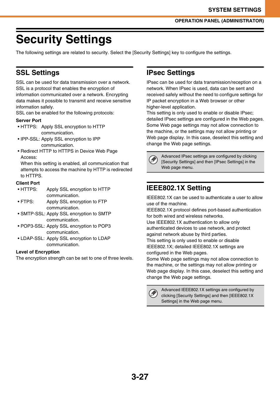 Security settings -27, Security settings, Ssl settings | Ipsec settings, Ieee802.1x setting | Sony MX-C400P User Manual | Page 195 / 257