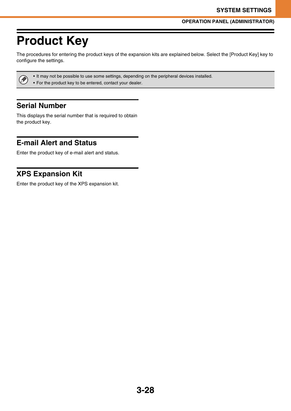 Product key -28, Product key, Serial number | E-mail alert and status, Xps expansion kit | Sony MX-C400P User Manual | Page 196 / 257