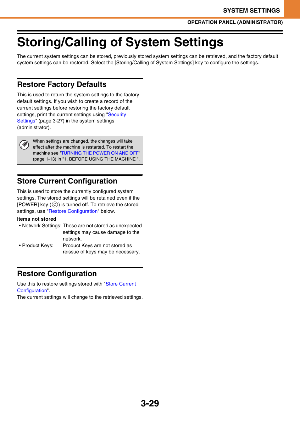 Storing/calling of system settings -29, Storing/calling of system settings, Restore factory defaults | Store current configuration, Restore configuration | Sony MX-C400P User Manual | Page 197 / 257