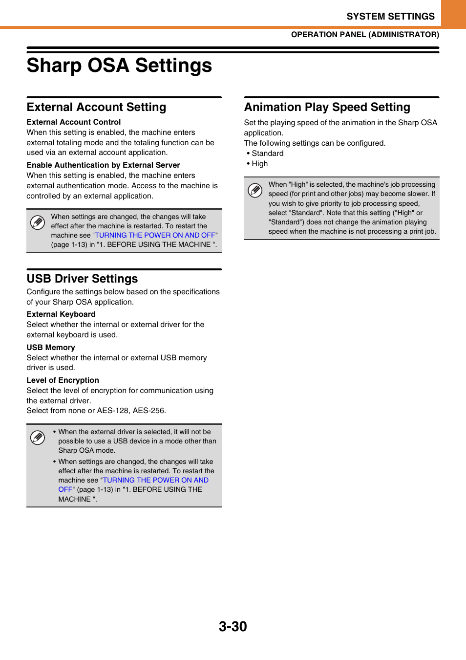 Sharp osa settings -30, Sharp osa settings, External account setting | External account control, Enable authentication by external server, Usb driver settings, External keyboard, Usb memory, Level of encryption, Animation play speed setting | Sony MX-C400P User Manual | Page 198 / 257