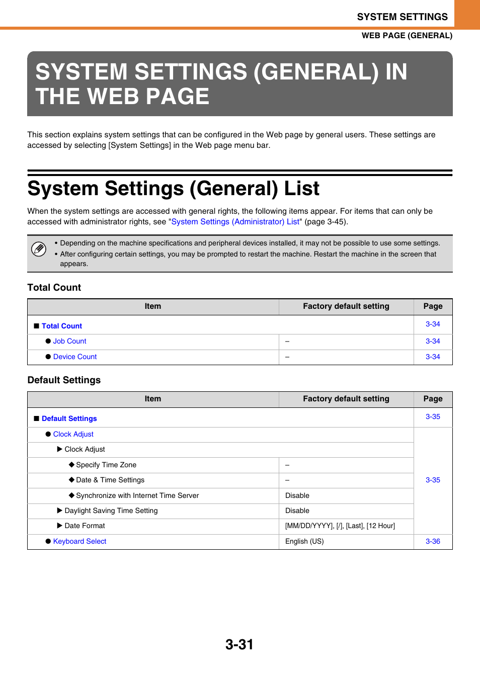 System settings (general) list, E 3-31, System settings (general) list -31 | System, System settings (general) in the web page | Sony MX-C400P User Manual | Page 199 / 257