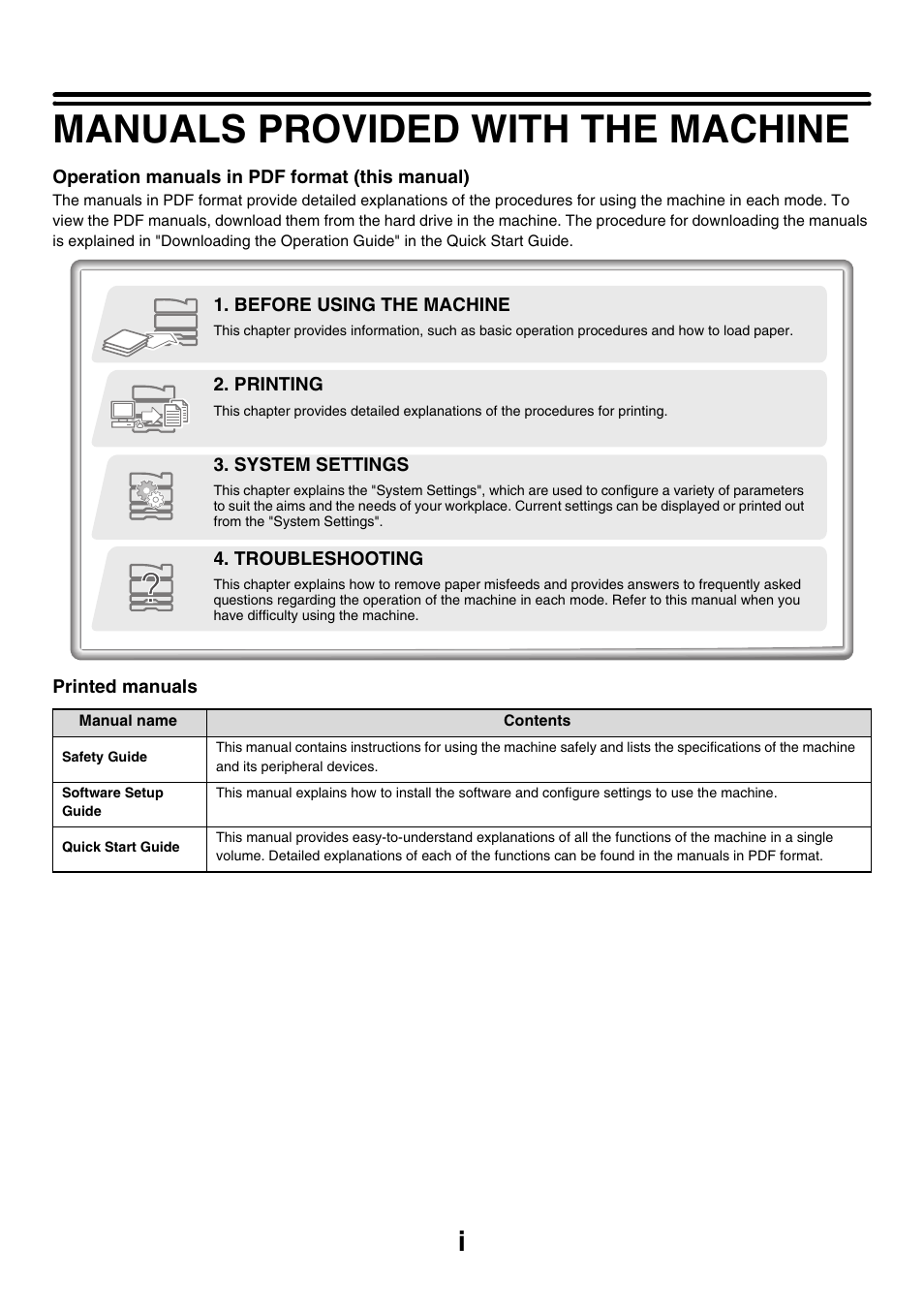 Manuals provided with the machine | Sony MX-C400P User Manual | Page 2 / 257