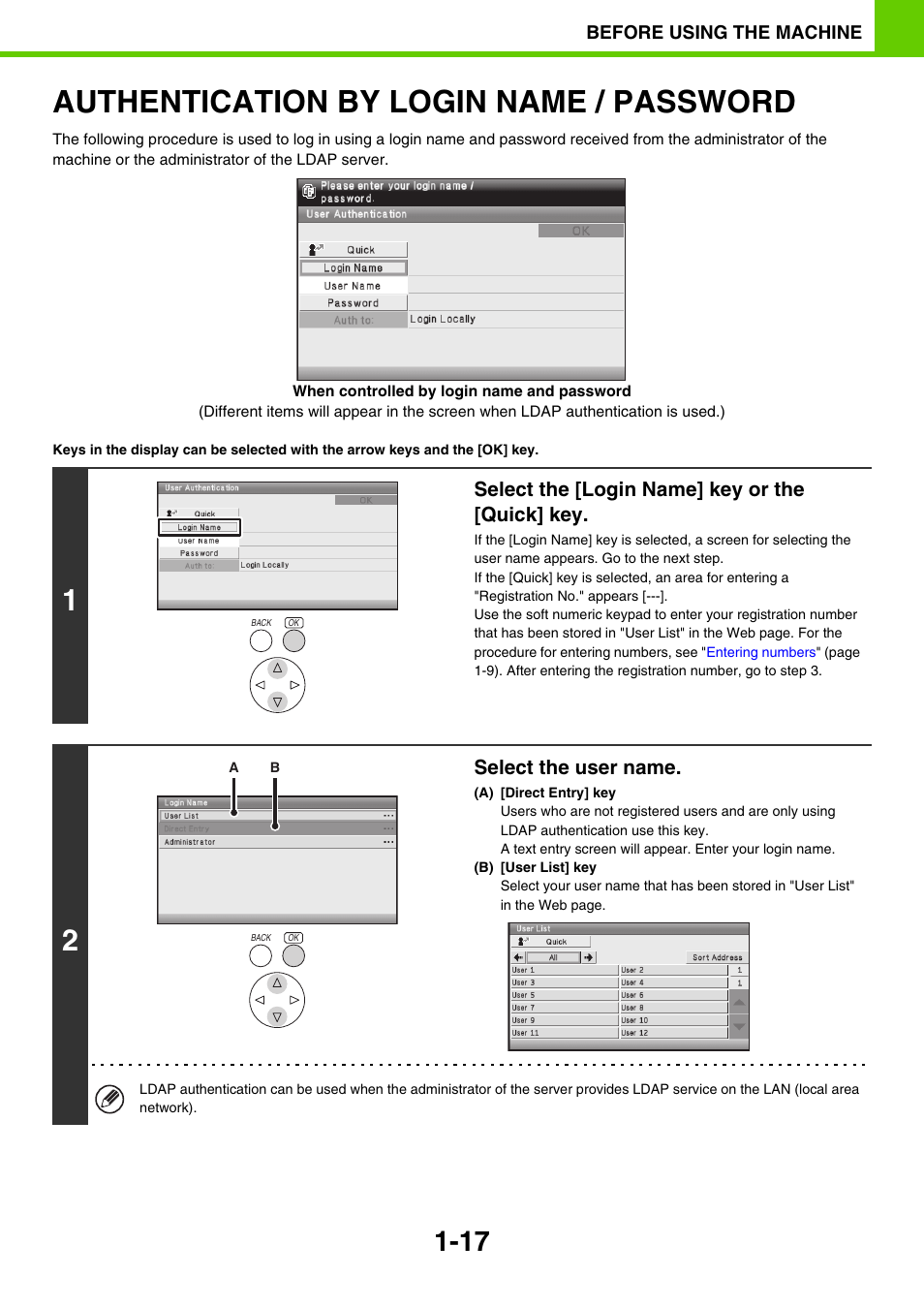 Authentication by login name, Password -17, Authentication by login name / password | Select the [login name] key or the [quick] key, Select the user name | Sony MX-C400P User Manual | Page 20 / 257