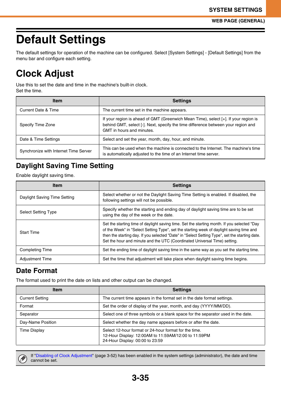 Default settings -35, Clock adjust -35, Default settings | Clock adjust, Daylight saving time setting, Date format | Sony MX-C400P User Manual | Page 203 / 257